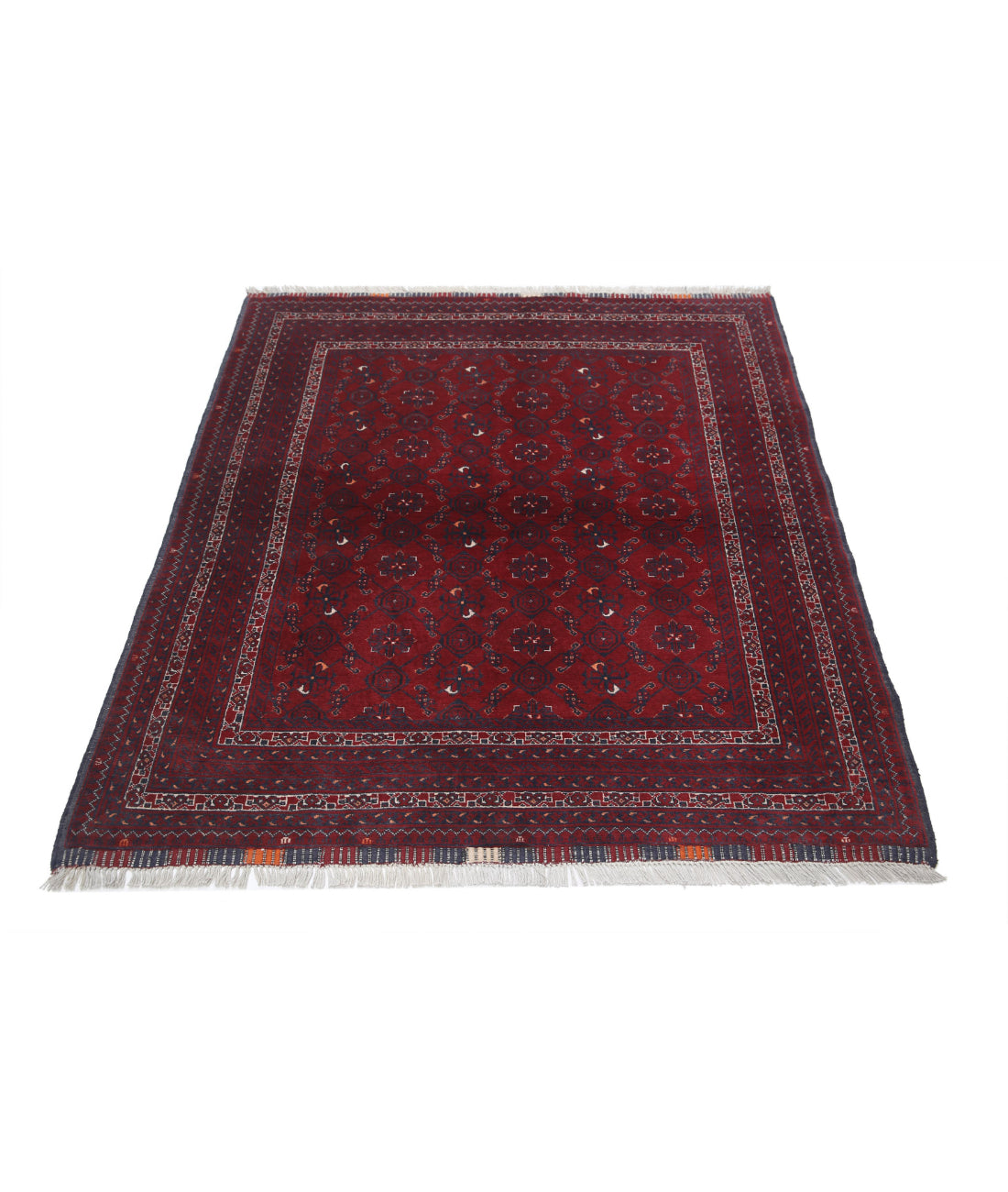 Hand Knotted Afghan Beljik Wool Rug - 4'0'' x 4'8'' 4'0'' x 4'8'' (120 X 140) / Red / Blue