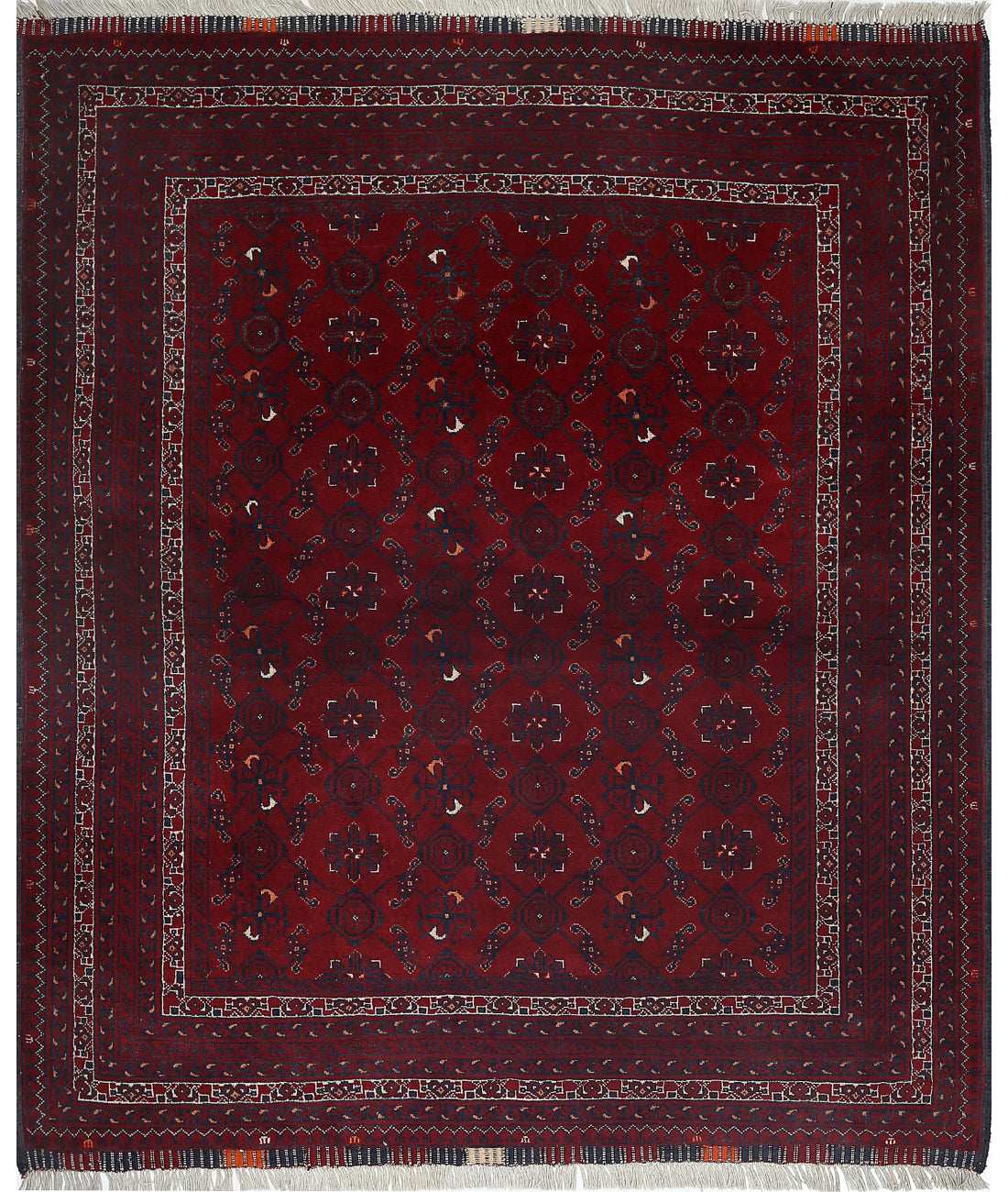 Hand Knotted Afghan Beljik Wool Rug - 4&#39;0&#39;&#39; x 4&#39;8&#39;&#39; 4&#39;0&#39;&#39; x 4&#39;8&#39;&#39; (120 X 140) / Red / Blue