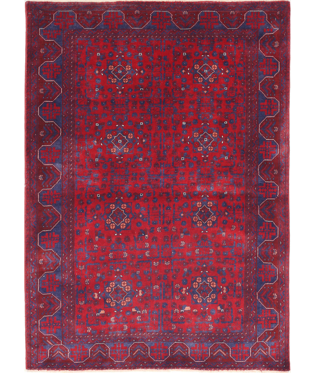 Hand Knotted Afghan Beljik Wool Rug - 3&#39;3&#39;&#39; x 4&#39;9&#39;&#39; 3&#39;3&#39;&#39; x 4&#39;9&#39;&#39; (98 X 143) / Red / Blue