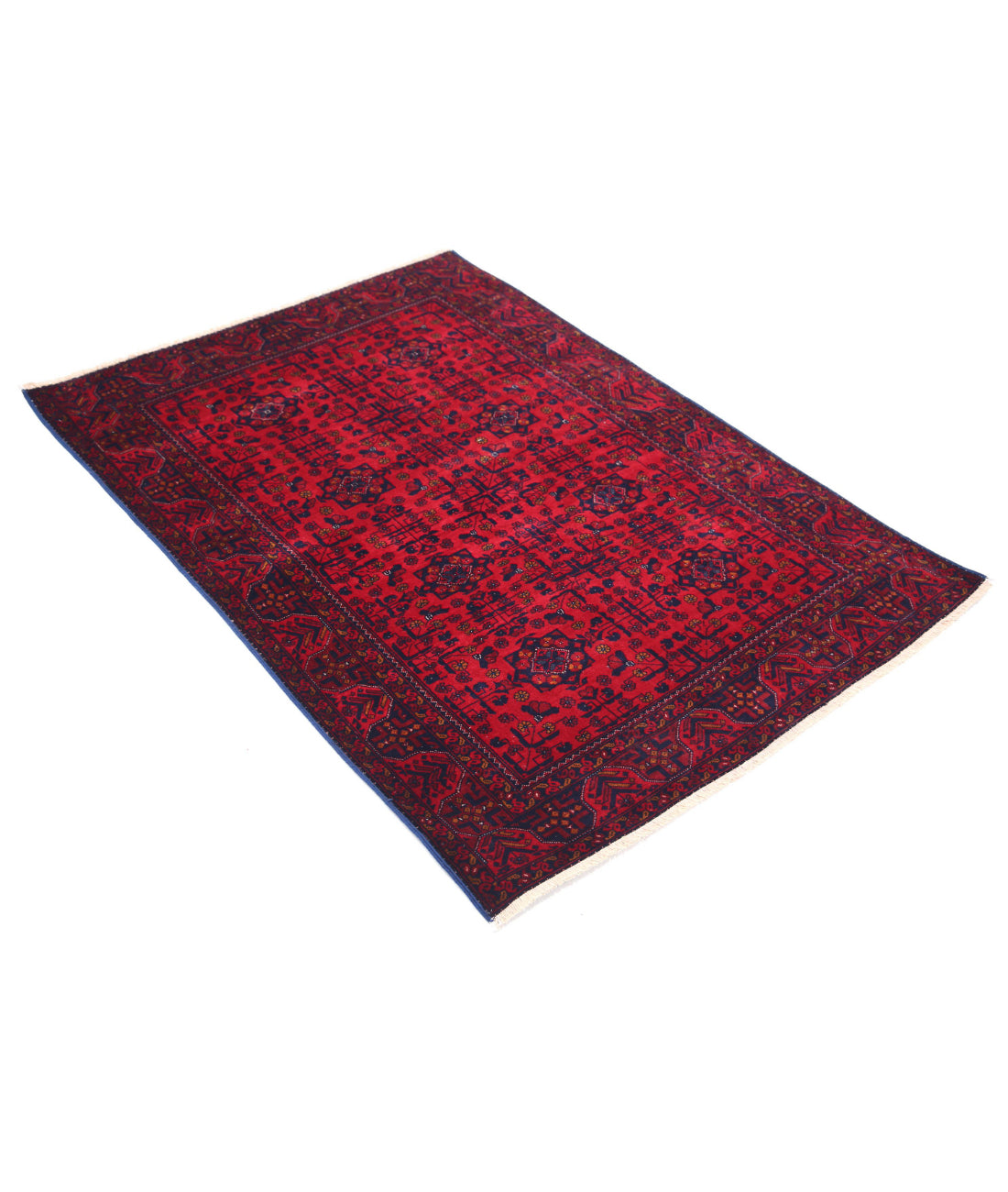 Hand Knotted Afghan Beljik Wool Rug - 3'4'' x 4'10'' 3'4'' x 4'10'' (100 X 145) / Red / Blue