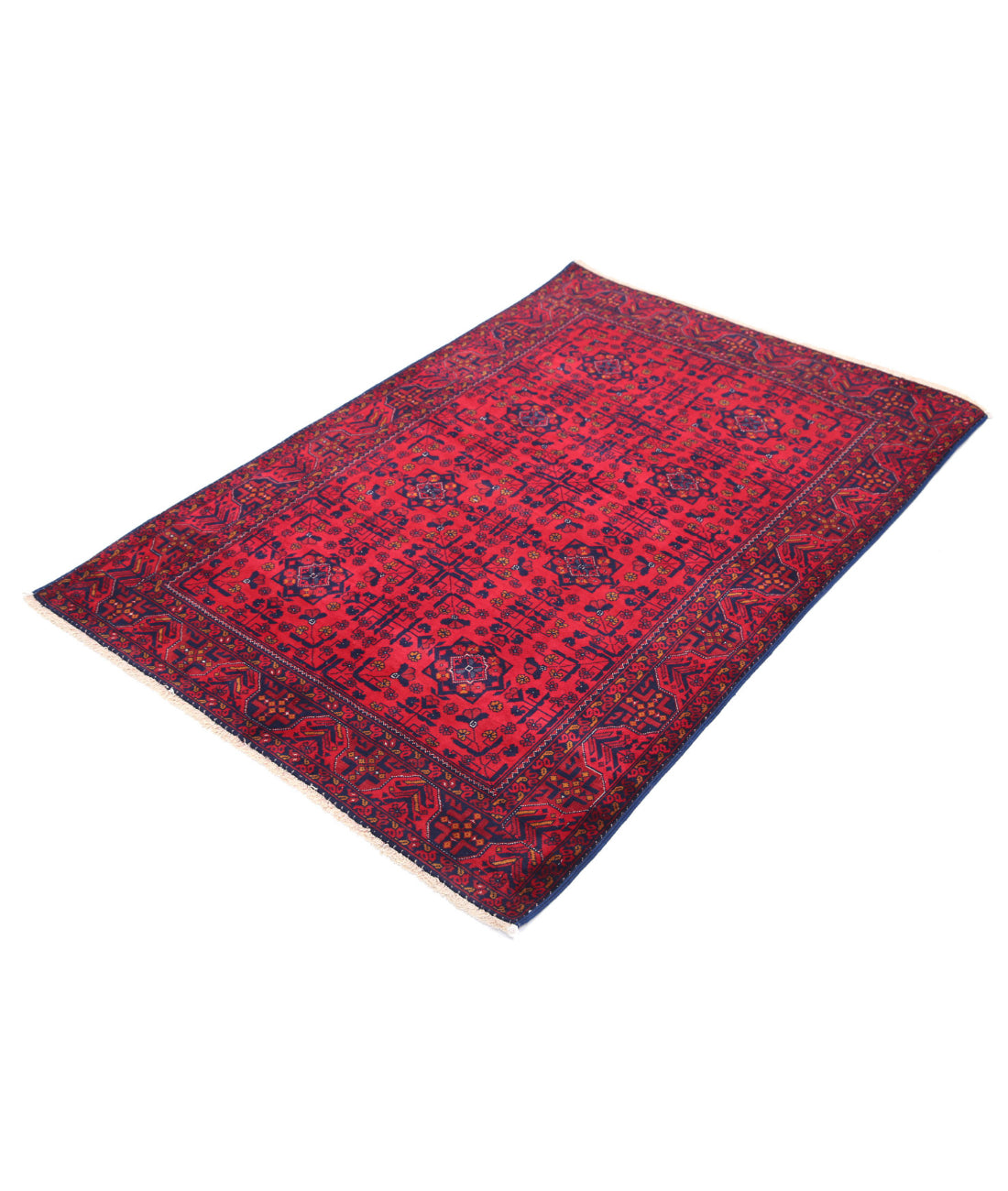 Hand Knotted Afghan Beljik Wool Rug - 3'4'' x 4'10'' 3'4'' x 4'10'' (100 X 145) / Red / Blue