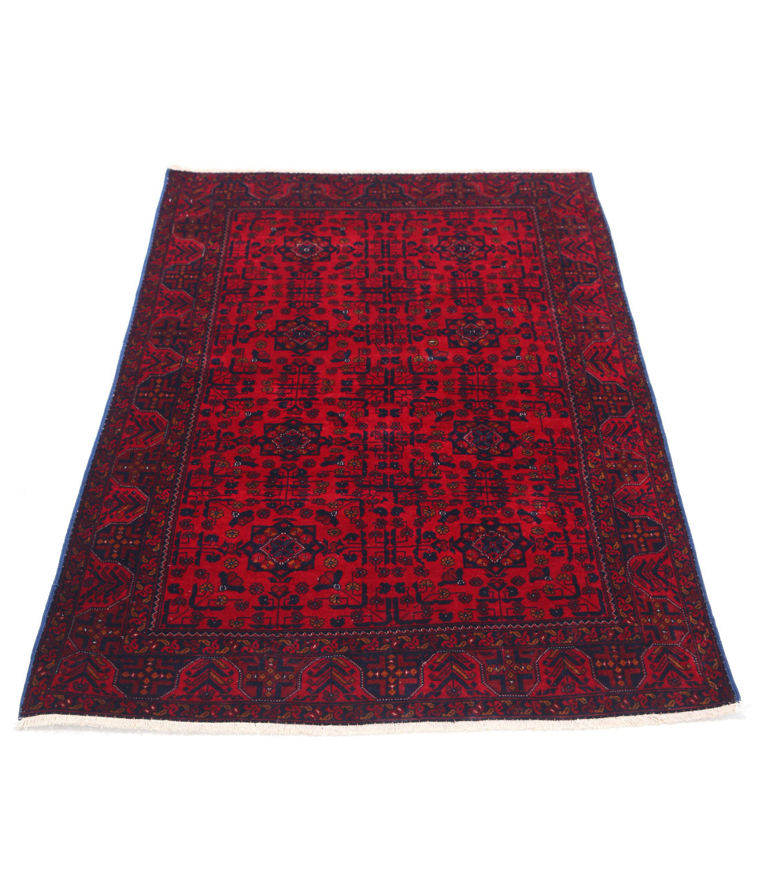 Hand Knotted Afghan Beljik Wool Rug - 3'4'' x 4'10'' 3'4'' x 4'10'' (100 X 145) / Red / Blue