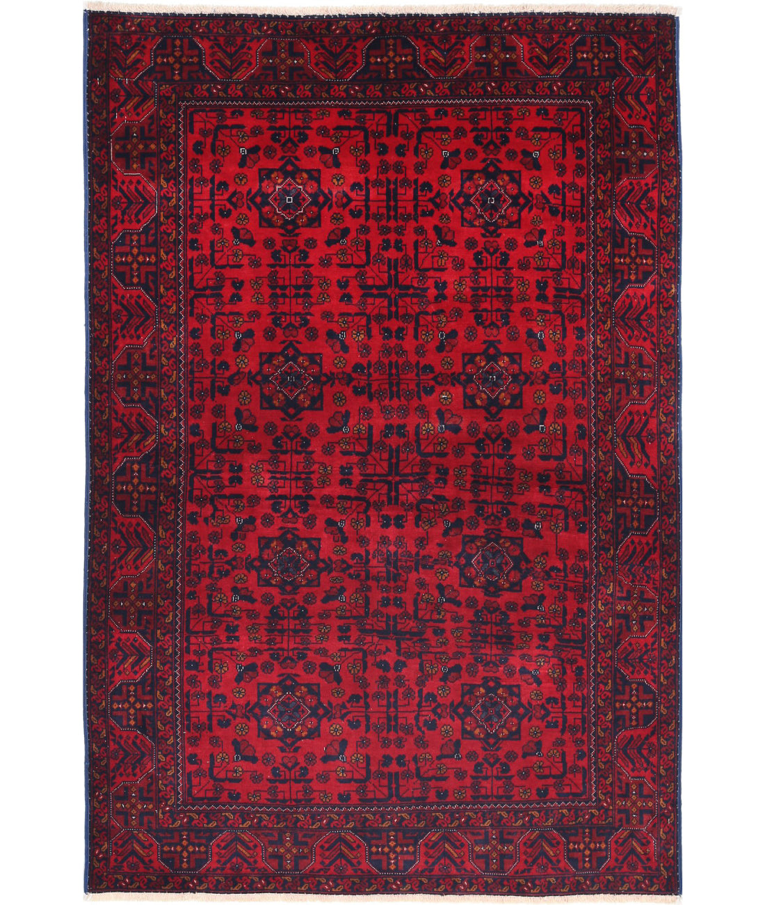 Hand Knotted Afghan Beljik Wool Rug - 3&#39;4&#39;&#39; x 4&#39;10&#39;&#39; 3&#39;4&#39;&#39; x 4&#39;10&#39;&#39; (100 X 145) / Red / Blue