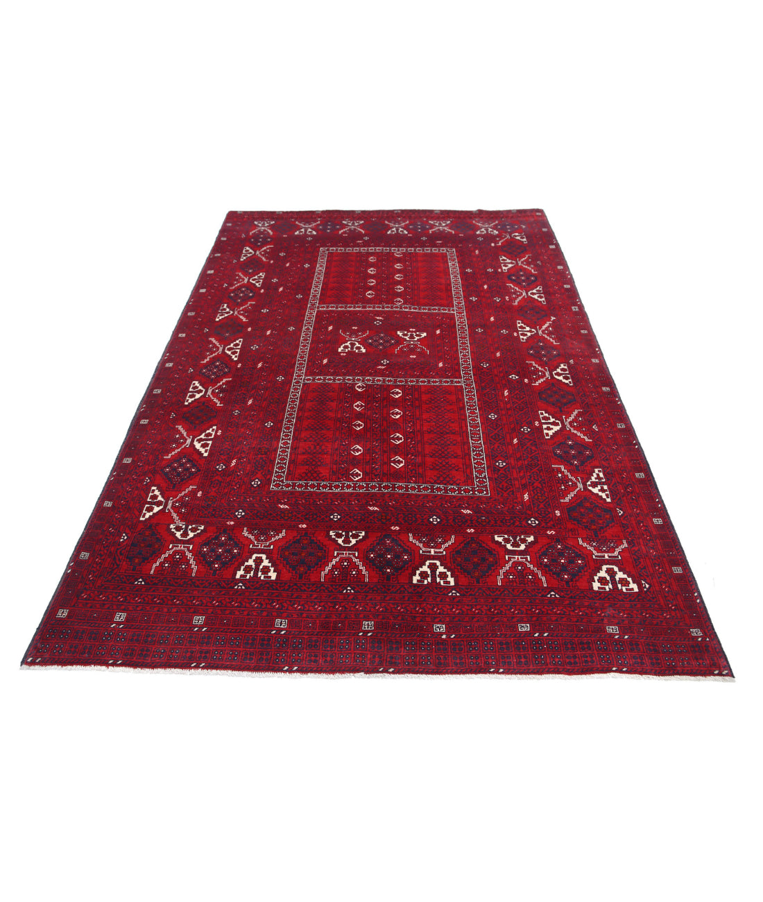 Hand Knotted Afghan Beljik Wool Rug - 5'1'' x 7'10'' 5'1'' x 7'10'' (153 X 235) / Red / Blue