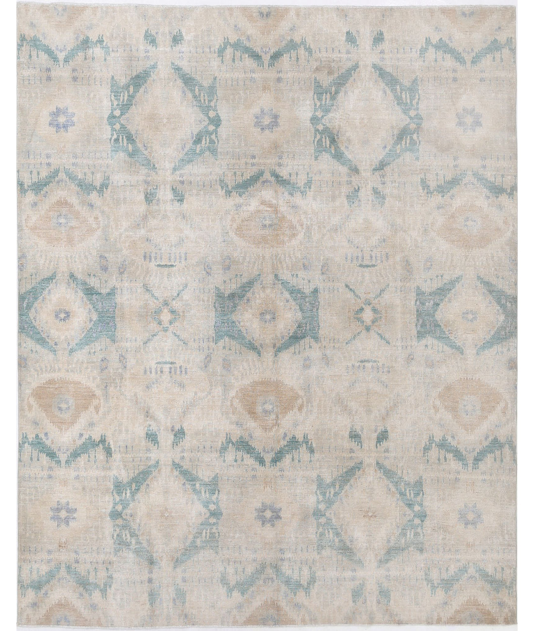 Hand Knotted Ikat Wool Rug - 7'10'' x 9'10'' 7'10'' x 9'10'' (235 X 295) / Ivory / Green