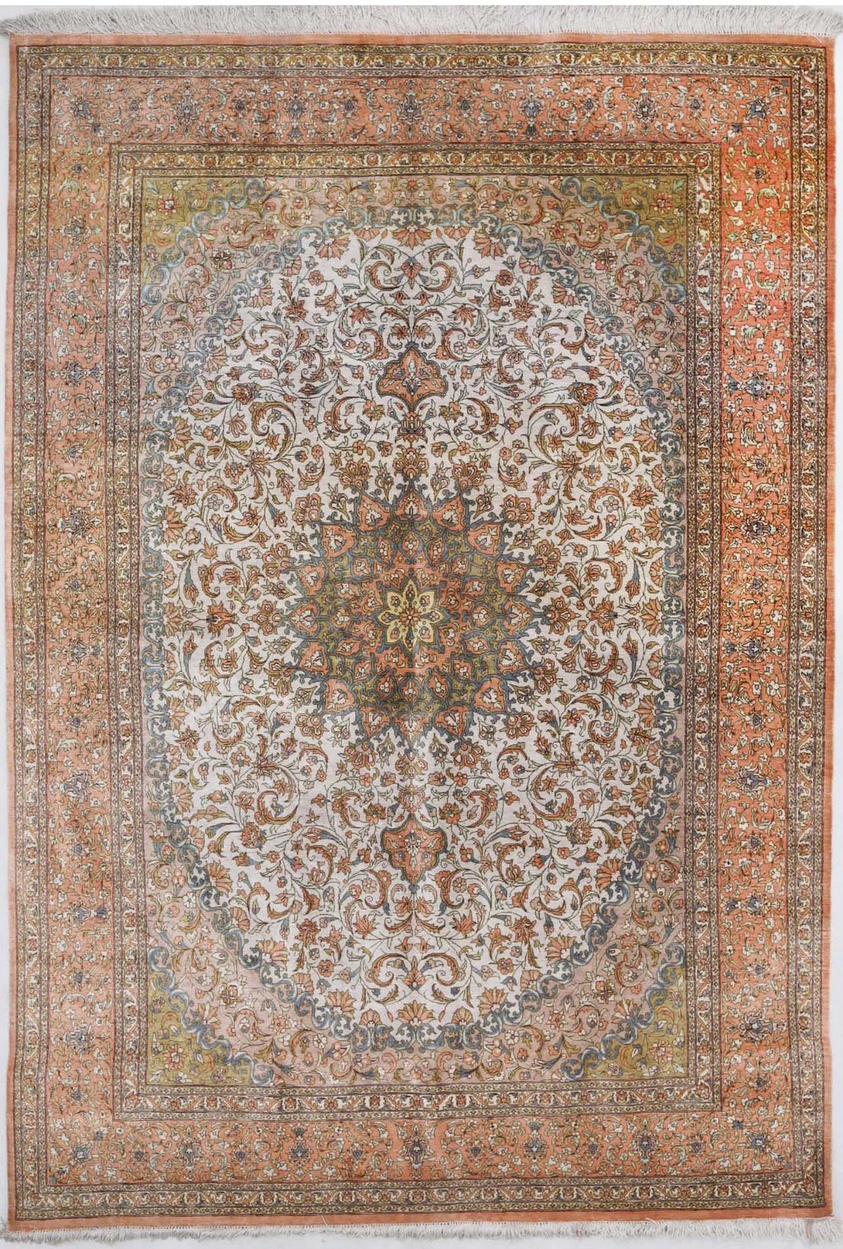 Hand Knotted Masterpiece Oriental Qum Silk Rug - 4&#39;3&#39;&#39; x 6&#39;5&#39;&#39;