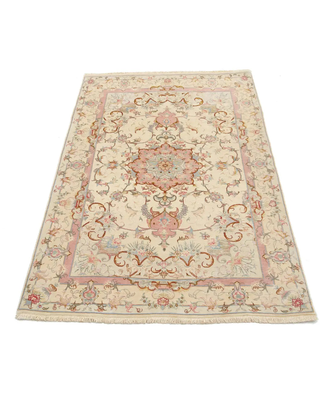 Alfombra persa Tabriz de lana fina y seda anudada a mano - 3'3'' x 5'0''