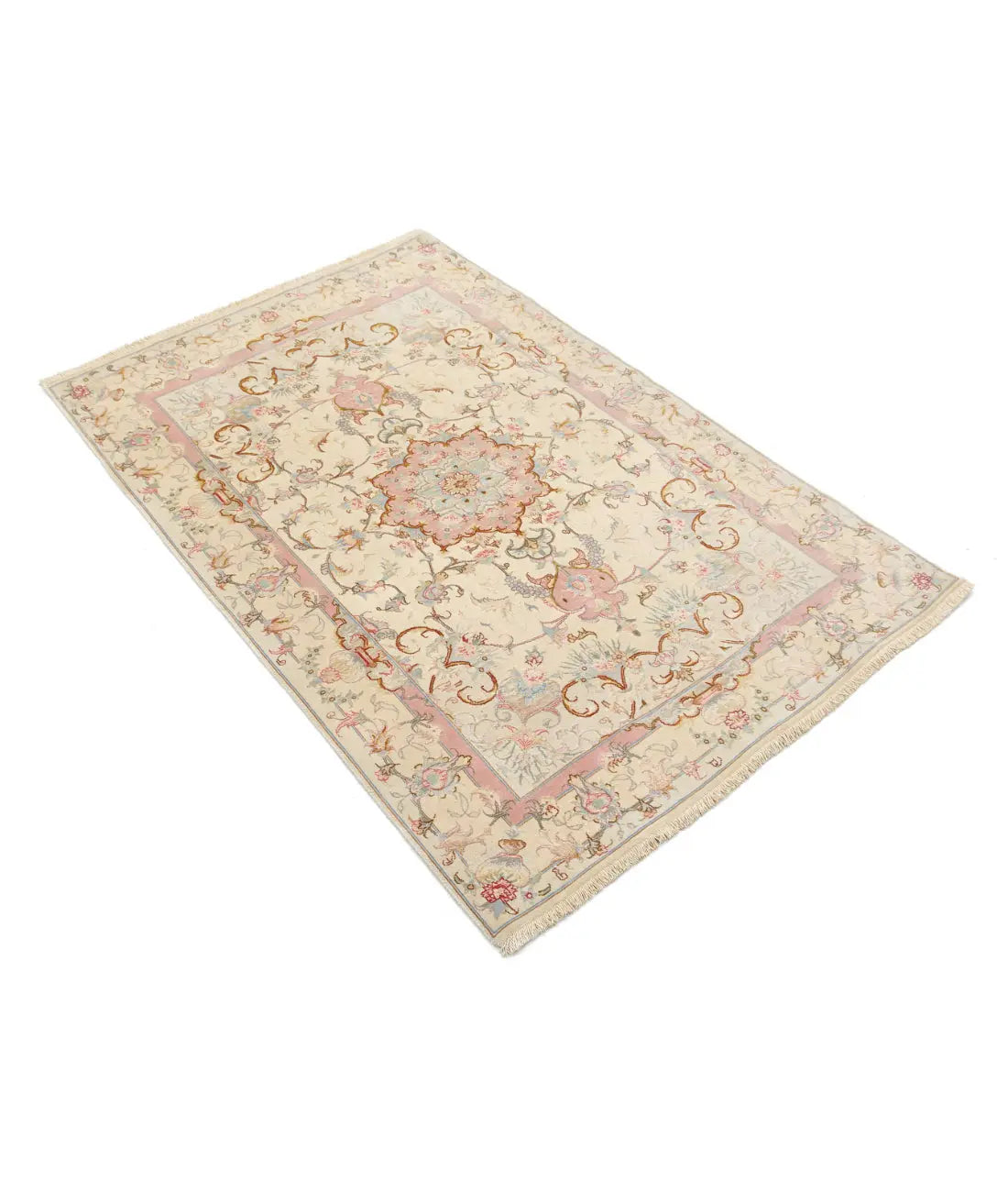 Alfombra persa Tabriz de lana fina y seda anudada a mano - 3'3'' x 5'0''