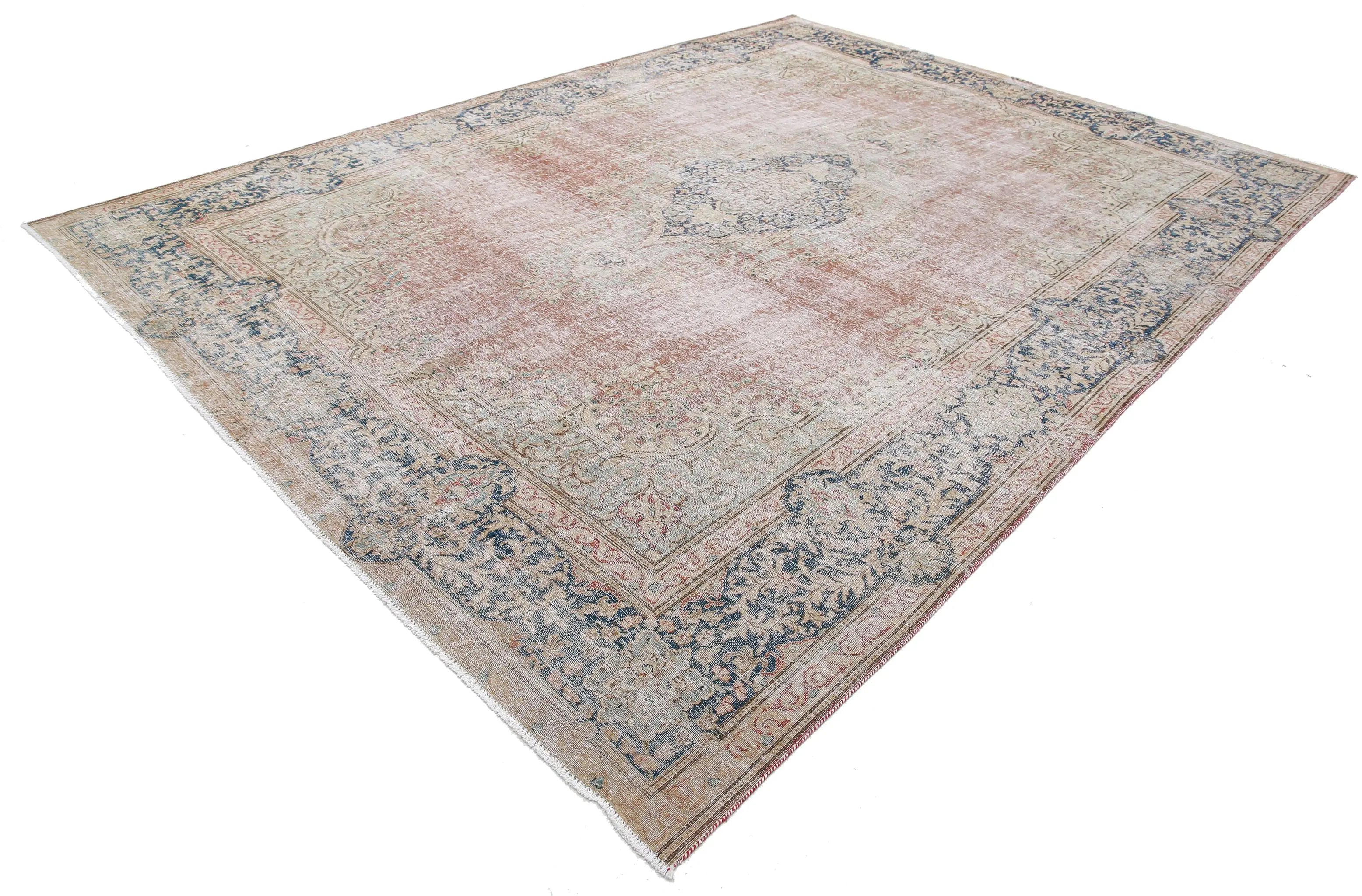 Hand Knotted Vintage Distressed Oriental Tabriz Wool Rug - 9'6'' x 12'9''