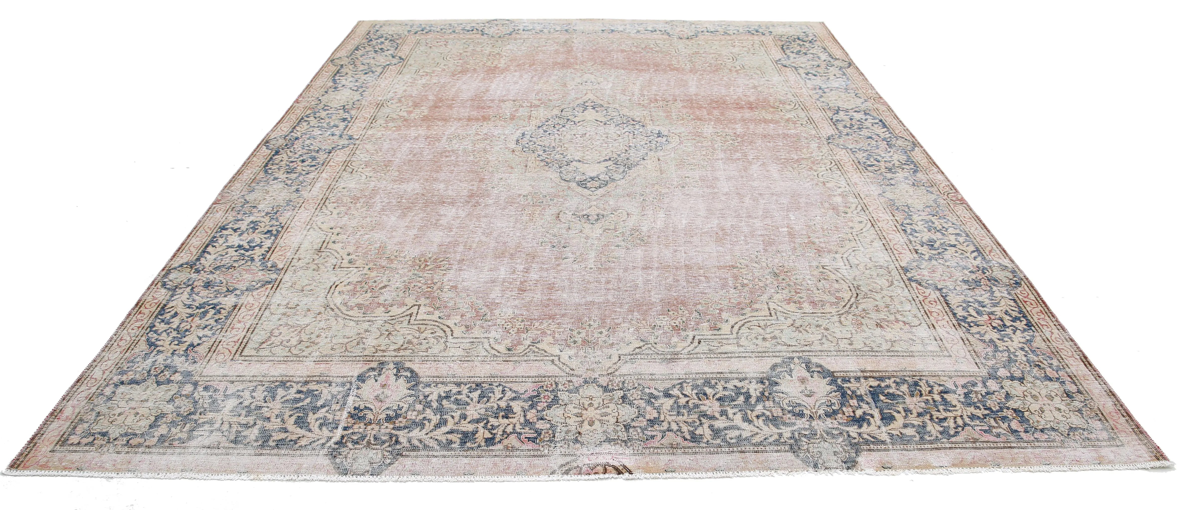 Hand Knotted Vintage Distressed Oriental Tabriz Wool Rug - 9'6'' x 12'9''