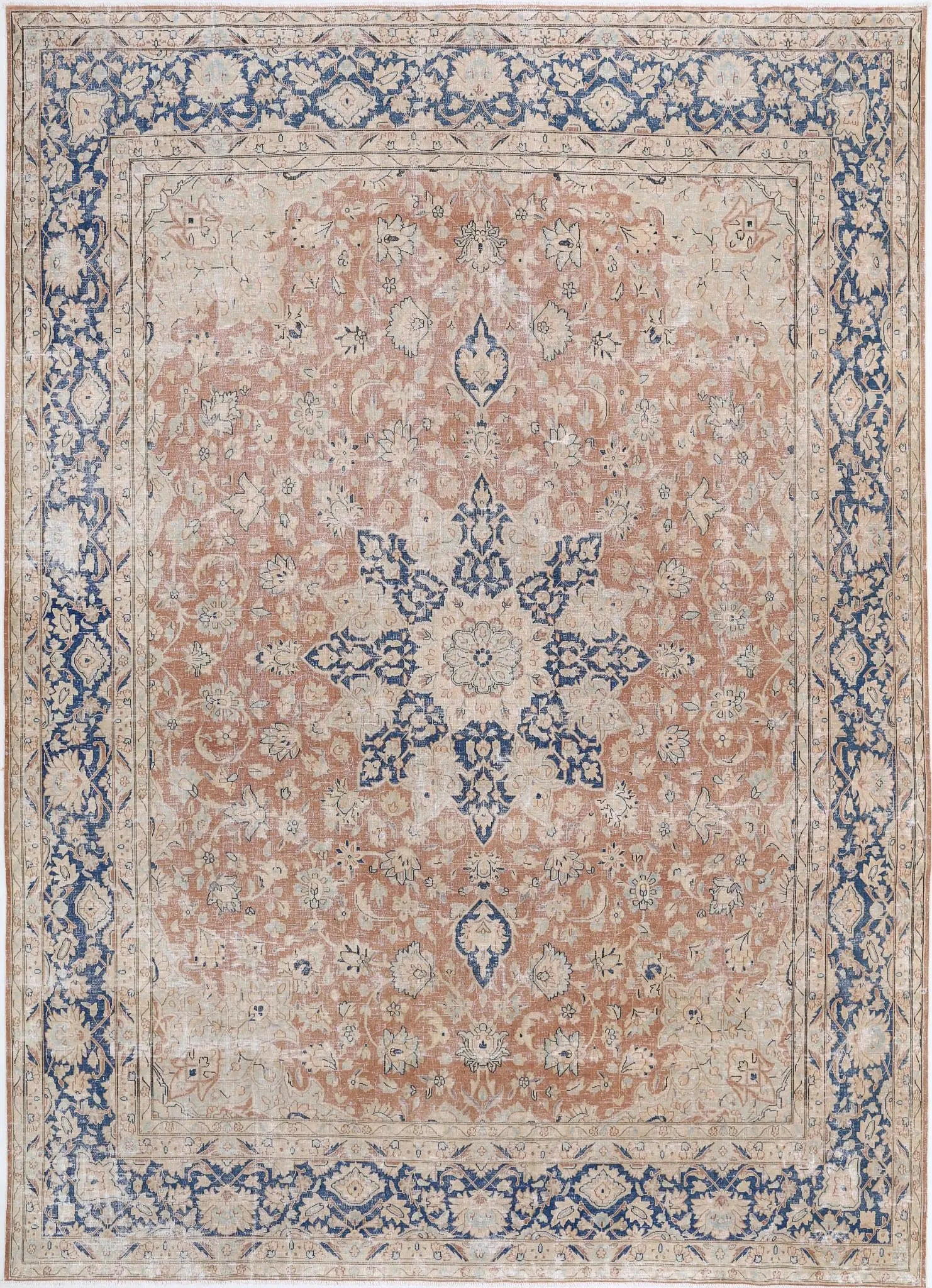 Hand Knotted Vintage Distressed Oriental Tabriz Wool Rug - 9'9'' x 12'11''