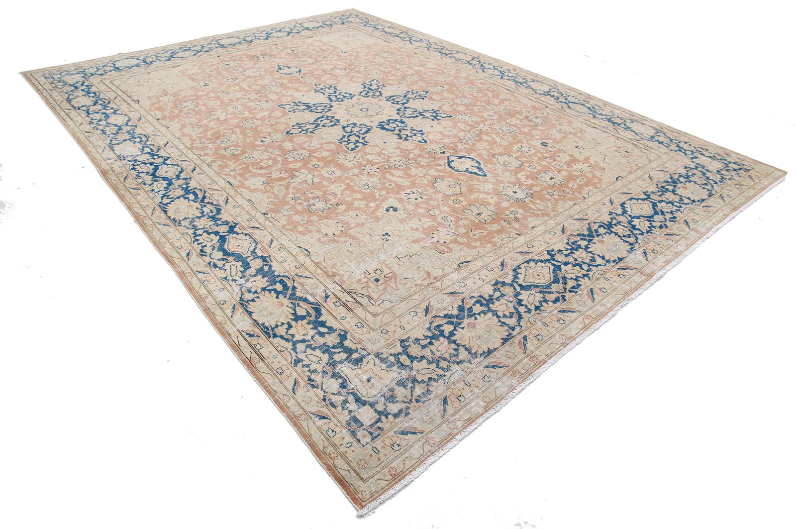 Hand Knotted Vintage Distressed Oriental Tabriz Wool Rug - 9'9'' x 12'11''