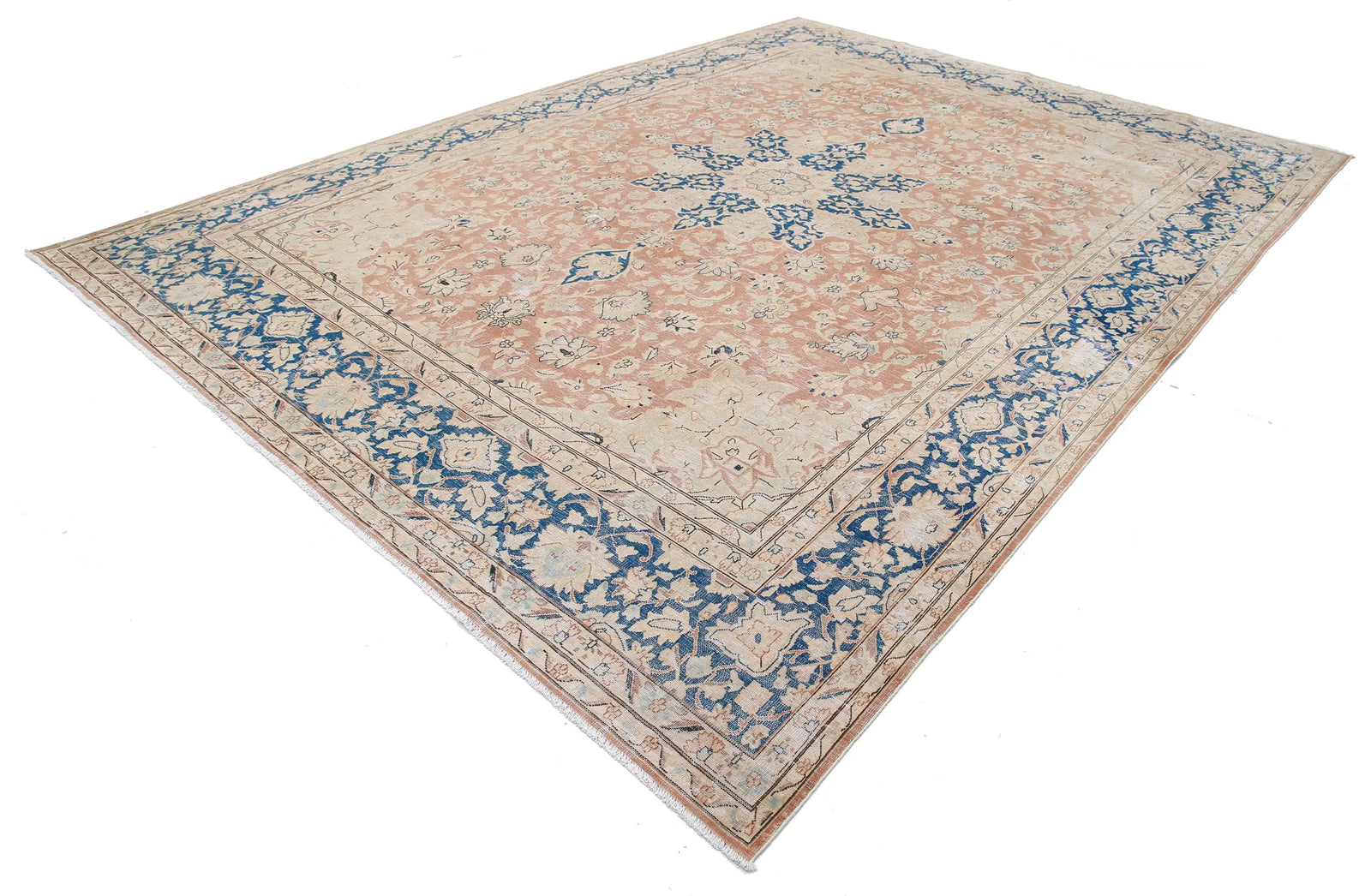 Hand Knotted Vintage Distressed Oriental Tabriz Wool Rug - 9'9'' x 12'11''