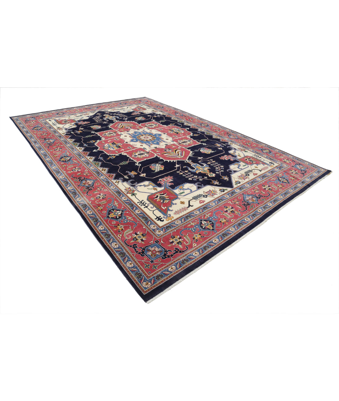 Hand Knotted Heriz Fine Persian Style Wool Rug - 9'11'' x 14'6'' 9'11'' x 14'6'' (298 X 435) / Blue / Pink