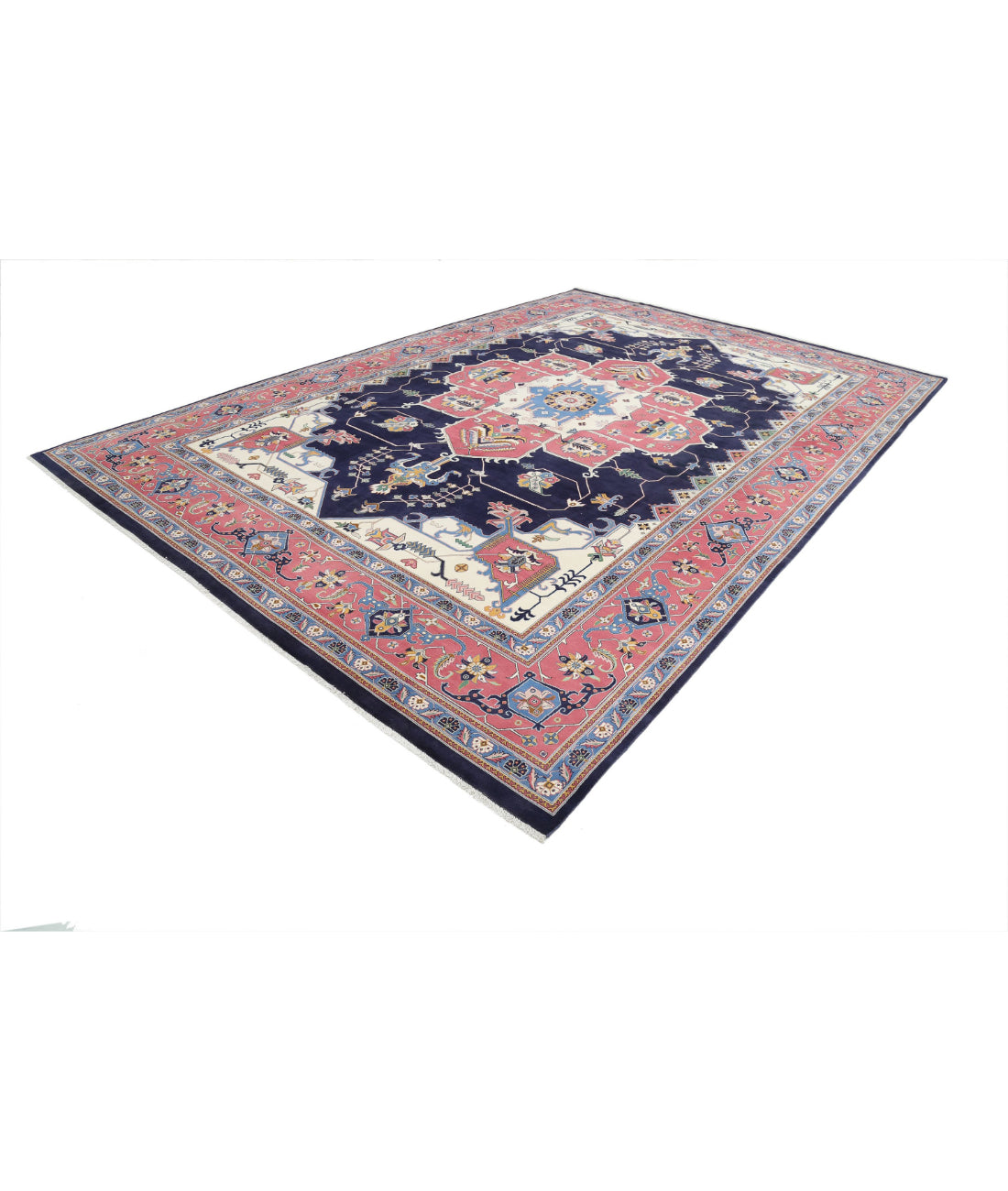 Hand Knotted Heriz Fine Persian Style Wool Rug - 9'11'' x 14'6'' 9'11'' x 14'6'' (298 X 435) / Blue / Pink