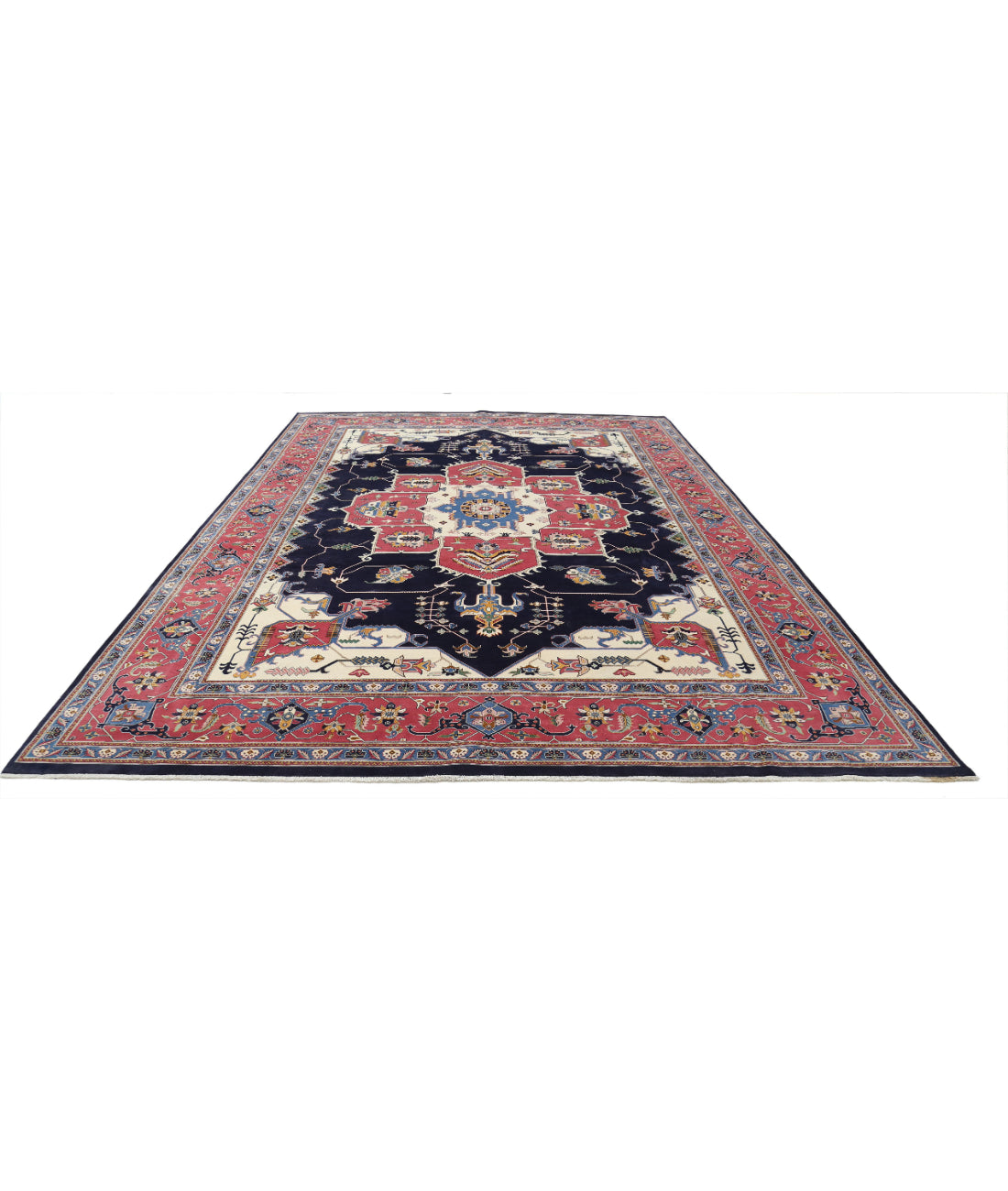 Hand Knotted Heriz Fine Persian Style Wool Rug - 9'11'' x 14'6'' 9'11'' x 14'6'' (298 X 435) / Blue / Pink