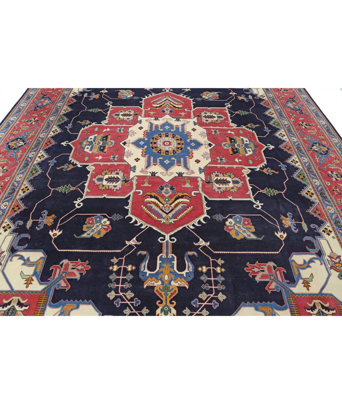 Hand Knotted Heriz Fine Persian Style Wool Rug - 9'11'' x 14'6'' 9'11'' x 14'6'' (298 X 435) / Blue / Pink