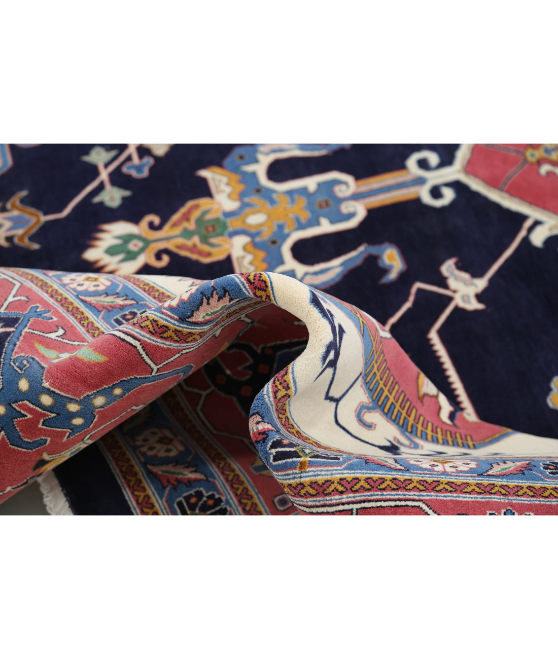 Hand Knotted Heriz Fine Persian Style Wool Rug - 9'11'' x 14'6'' 9'11'' x 14'6'' (298 X 435) / Blue / Pink