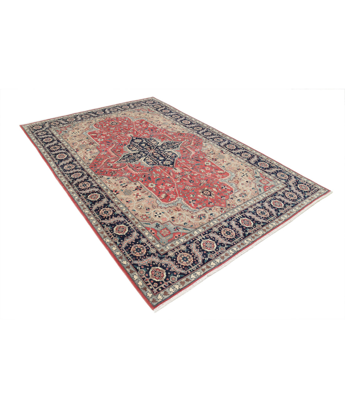 Hand Knotted Heritage Persian Style Heriz Wool Rug - 6'0'' x 8'11'' 6'0'' x 8'11'' (180 X 268) / Pink / Blue