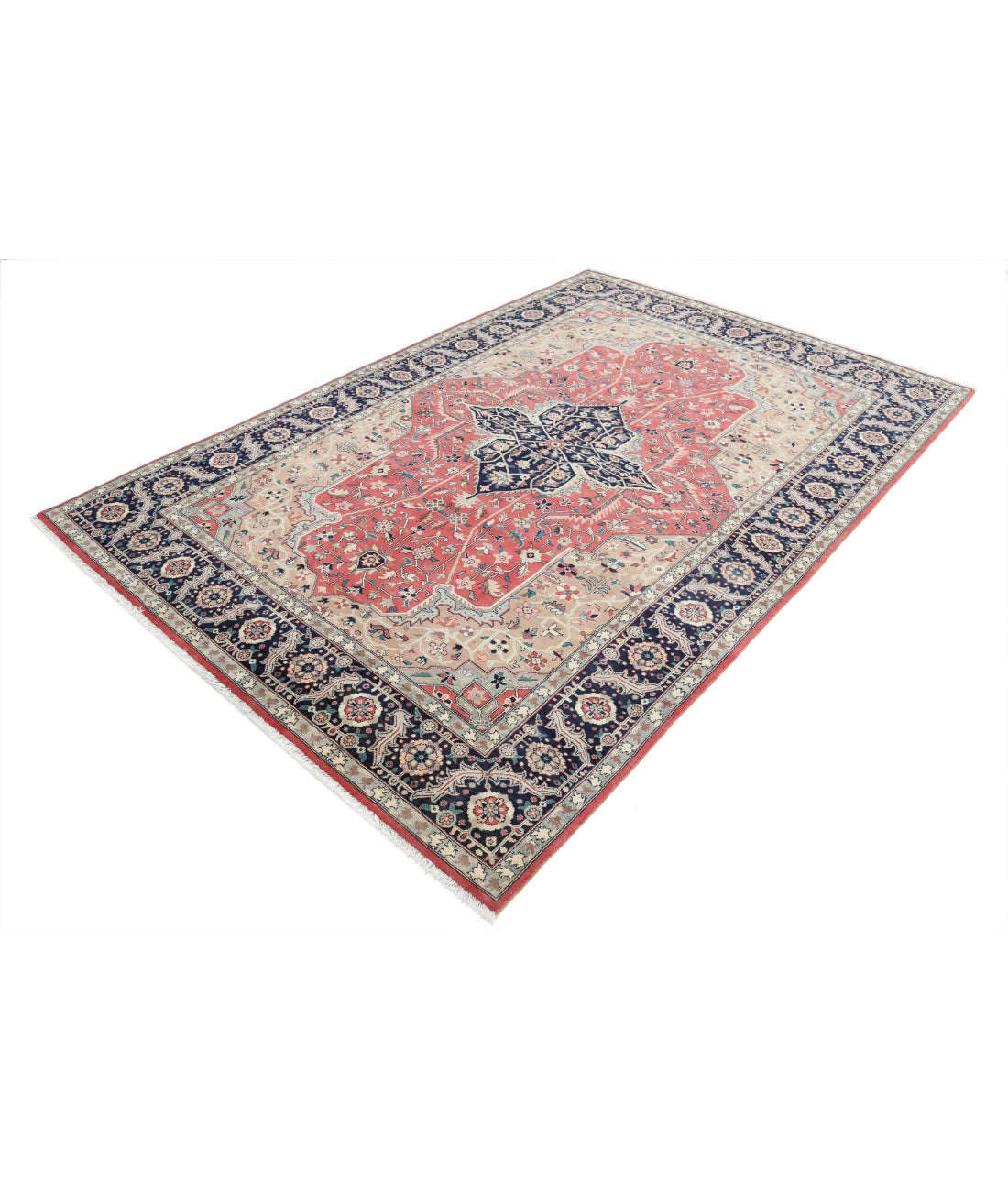 Hand Knotted Heritage Persian Style Heriz Wool Rug - 6'0'' x 8'11'' 6'0'' x 8'11'' (180 X 268) / Pink / Blue