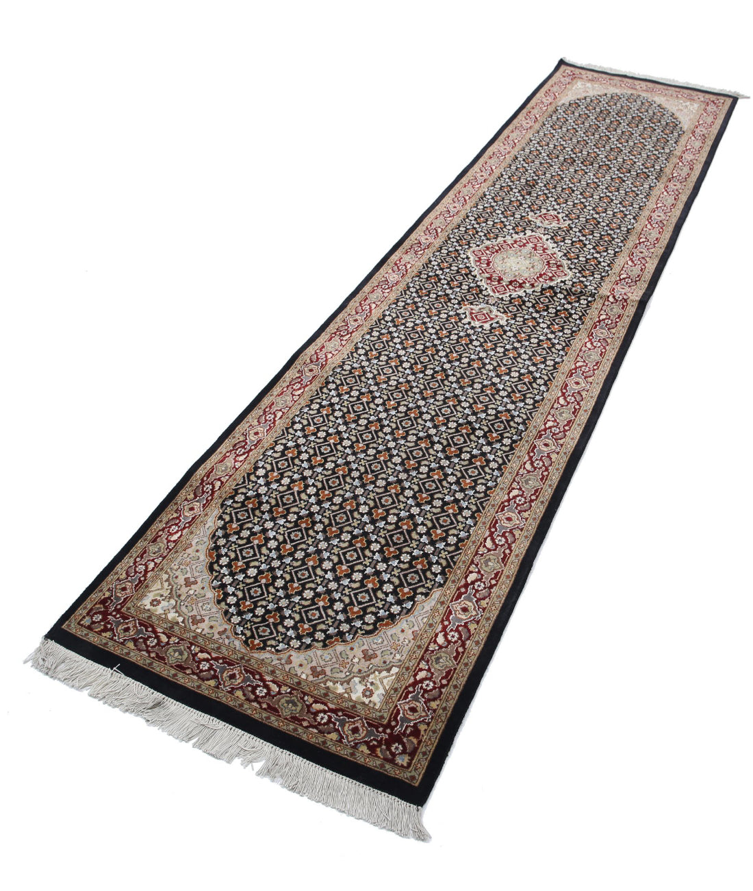 Hand Knotted Heritage Persian Style Tabriz Mahi Wool & Silk Rug - 2'6'' x 10'4'' 2'6'' x 10'4'' (75 X 310) / Black / Red