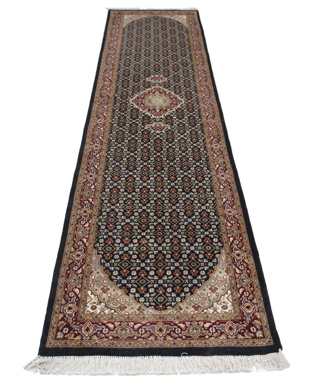 Hand Knotted Heritage Persian Style Tabriz Mahi Wool & Silk Rug - 2'6'' x 10'4'' 2'6'' x 10'4'' (75 X 310) / Black / Red