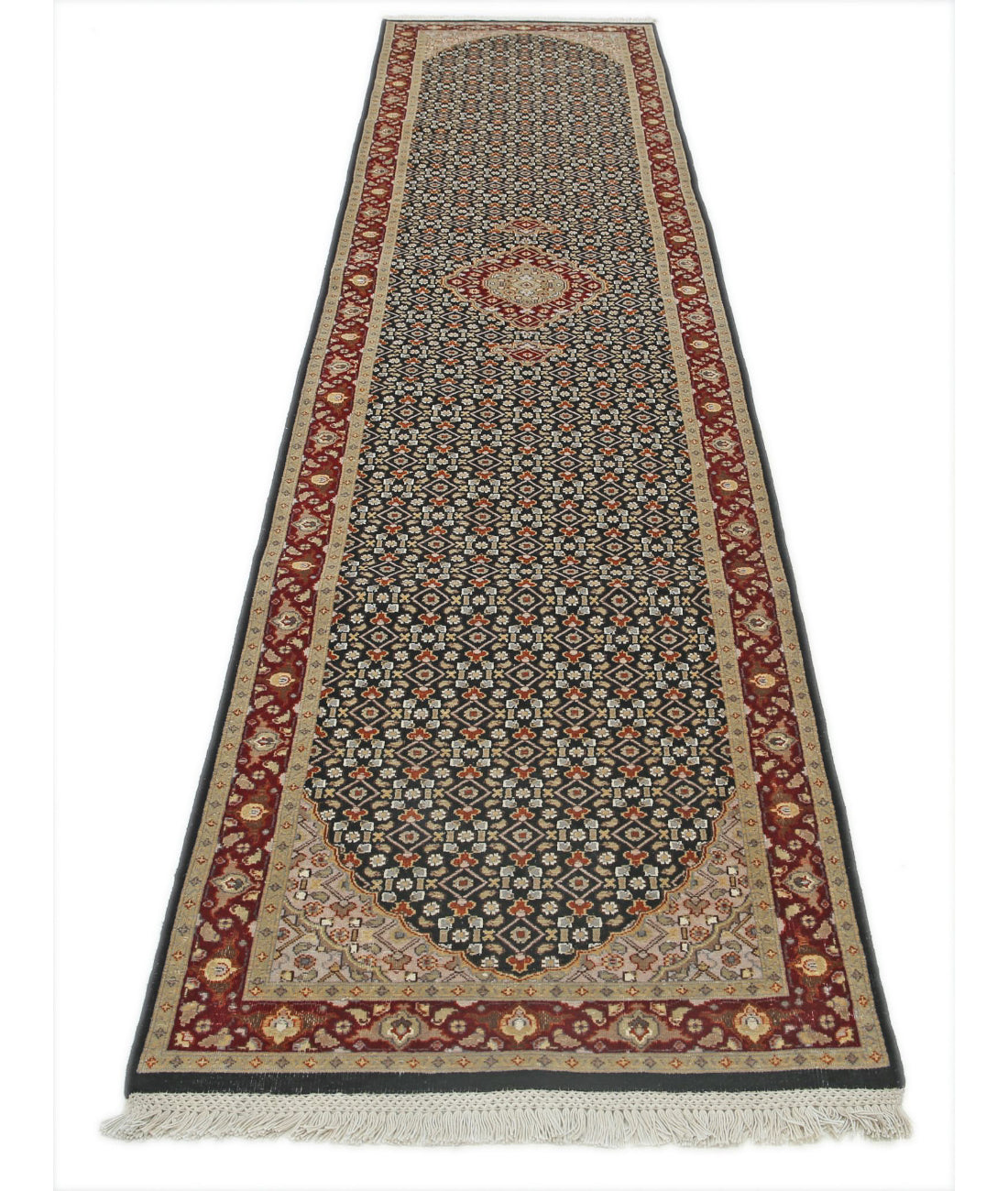Hand Knotted Heritage Persian Style Tabriz Mahi Wool & Silk Rug - 2'6'' x 12'2'' 2'6'' x 12'2'' (75 X 365) / Black / Red