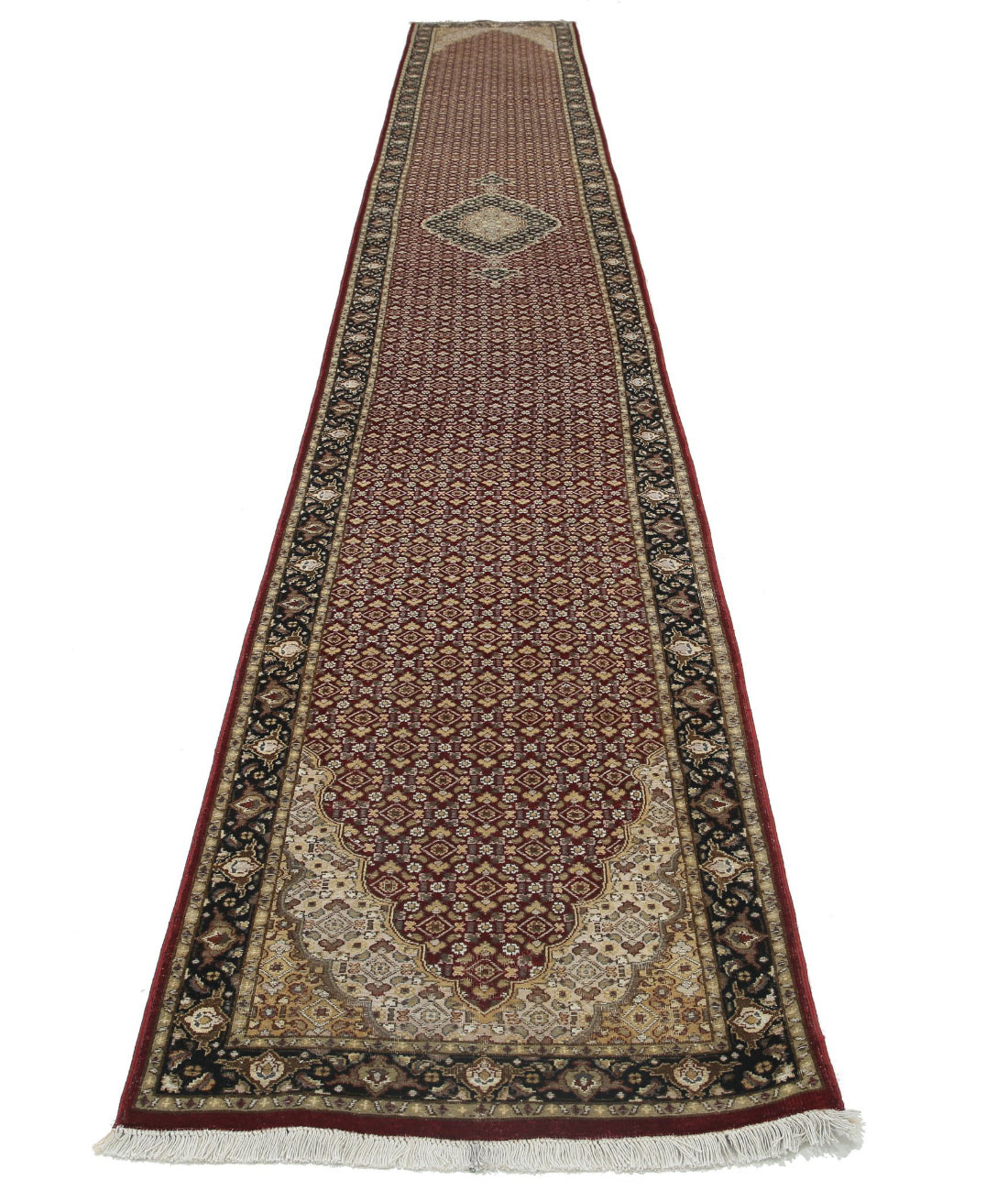 Hand Knotted Heritage Persian Style Tabriz Mahi Wool & Silk Rug - 2'7'' x 20'3'' 2'7'' x 20'3'' (78 X 608) / Red / Black
