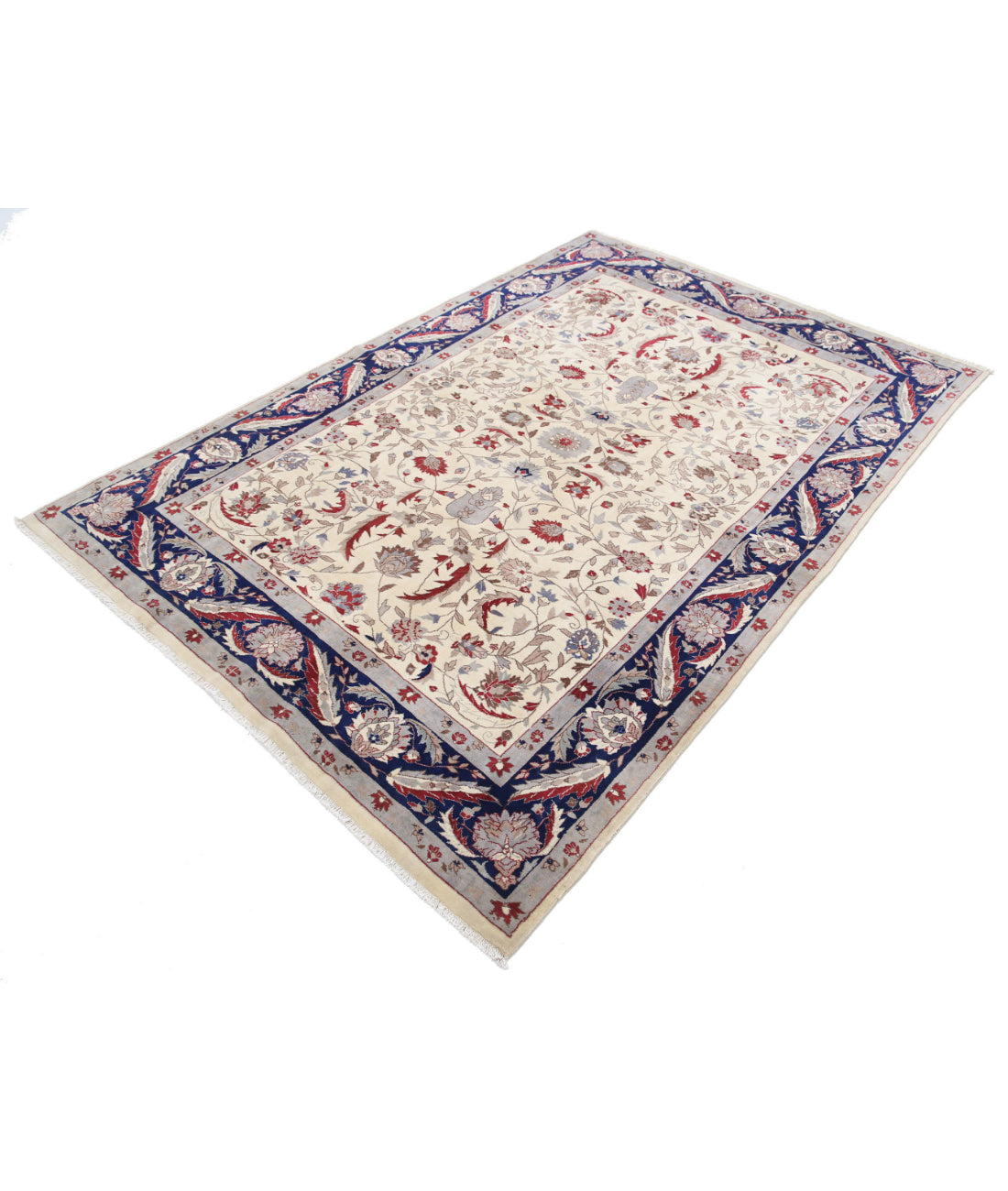 Hand Knotted Heritage Fine Persian Style Wool Rug - 5'0'' x 7'5'' 5'0'' x 7'5'' (150 X 223) / Ivory / Blue