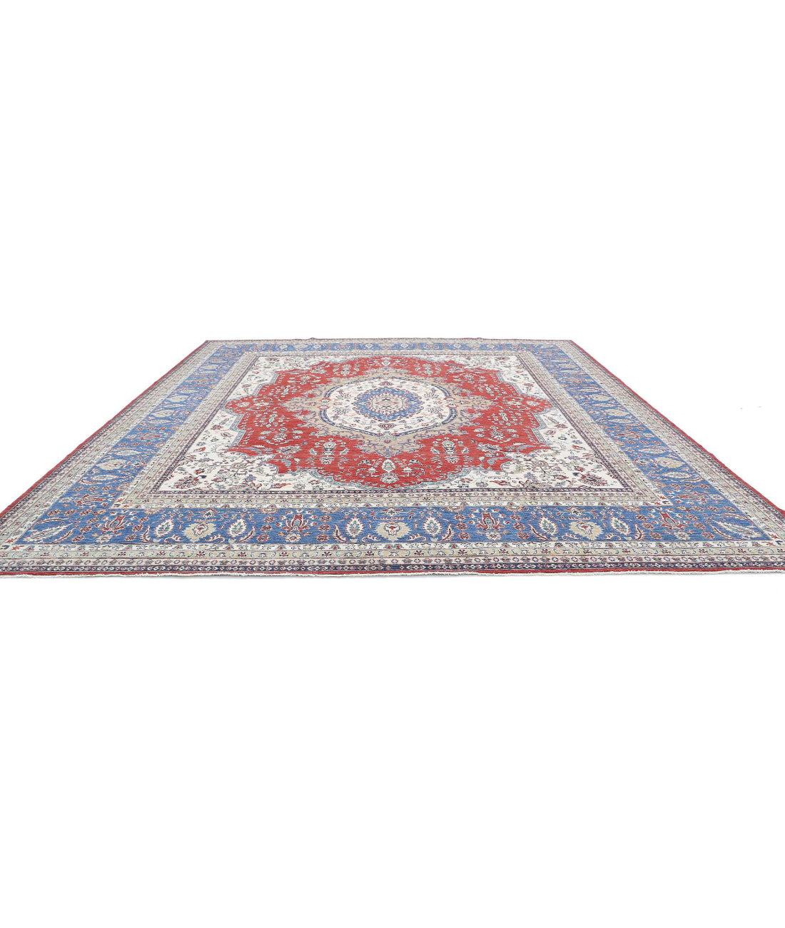 Hand Knotted Heriz Wool Rug - 14'2'' x 15'2'' 14'2'' x 15'2'' (425 X 455) / Red / Blue