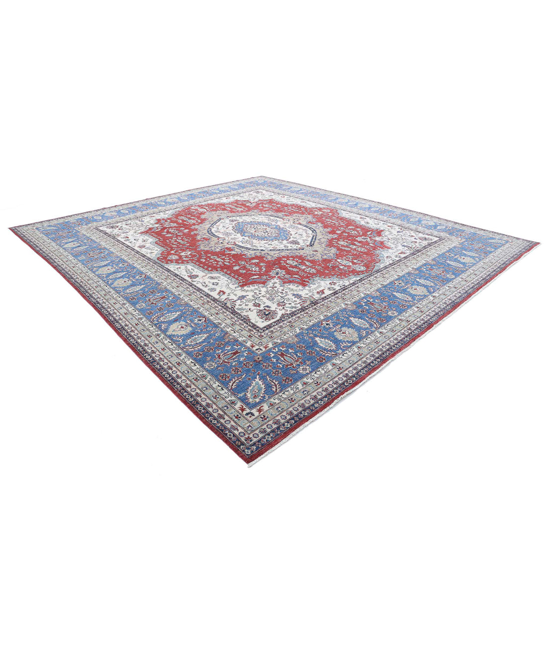 Hand Knotted Heriz Wool Rug - 14'0'' x 15'7'' 14'0'' x 15'7'' (420 X 468) / Red / Blue