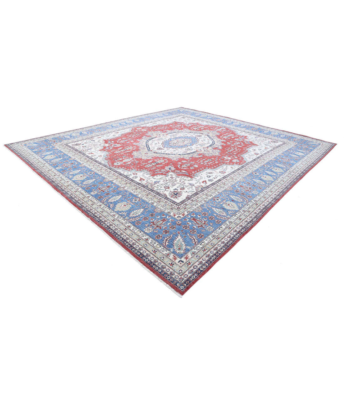 Hand Knotted Heriz Wool Rug - 14'0'' x 15'7'' 14'0'' x 15'7'' (420 X 468) / Red / Blue