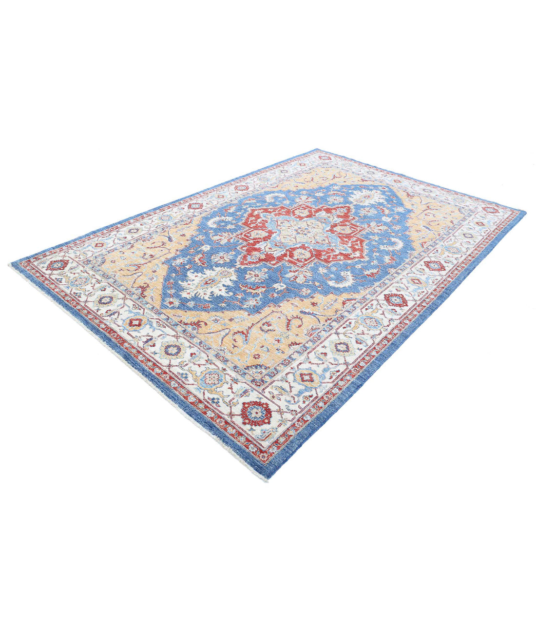 Hand Knotted Heriz Wool Rug - 6'7'' x 9'11'' 6'7'' x 9'11'' (198 X 298) / Blue / Ivory