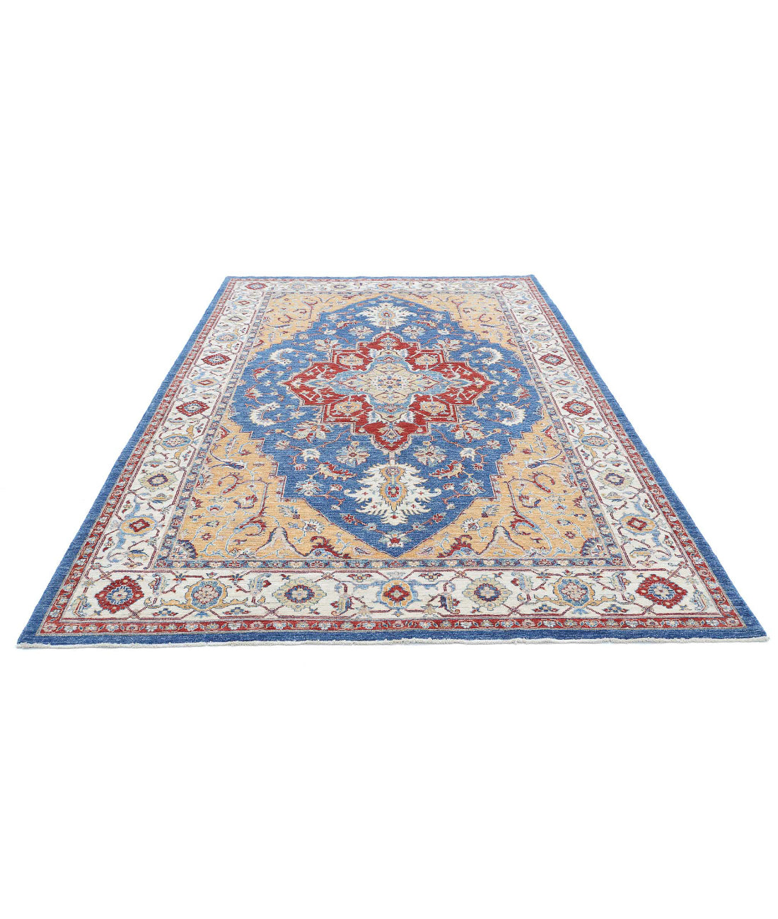 Hand Knotted Heriz Wool Rug - 6'7'' x 9'11'' 6'7'' x 9'11'' (198 X 298) / Blue / Ivory