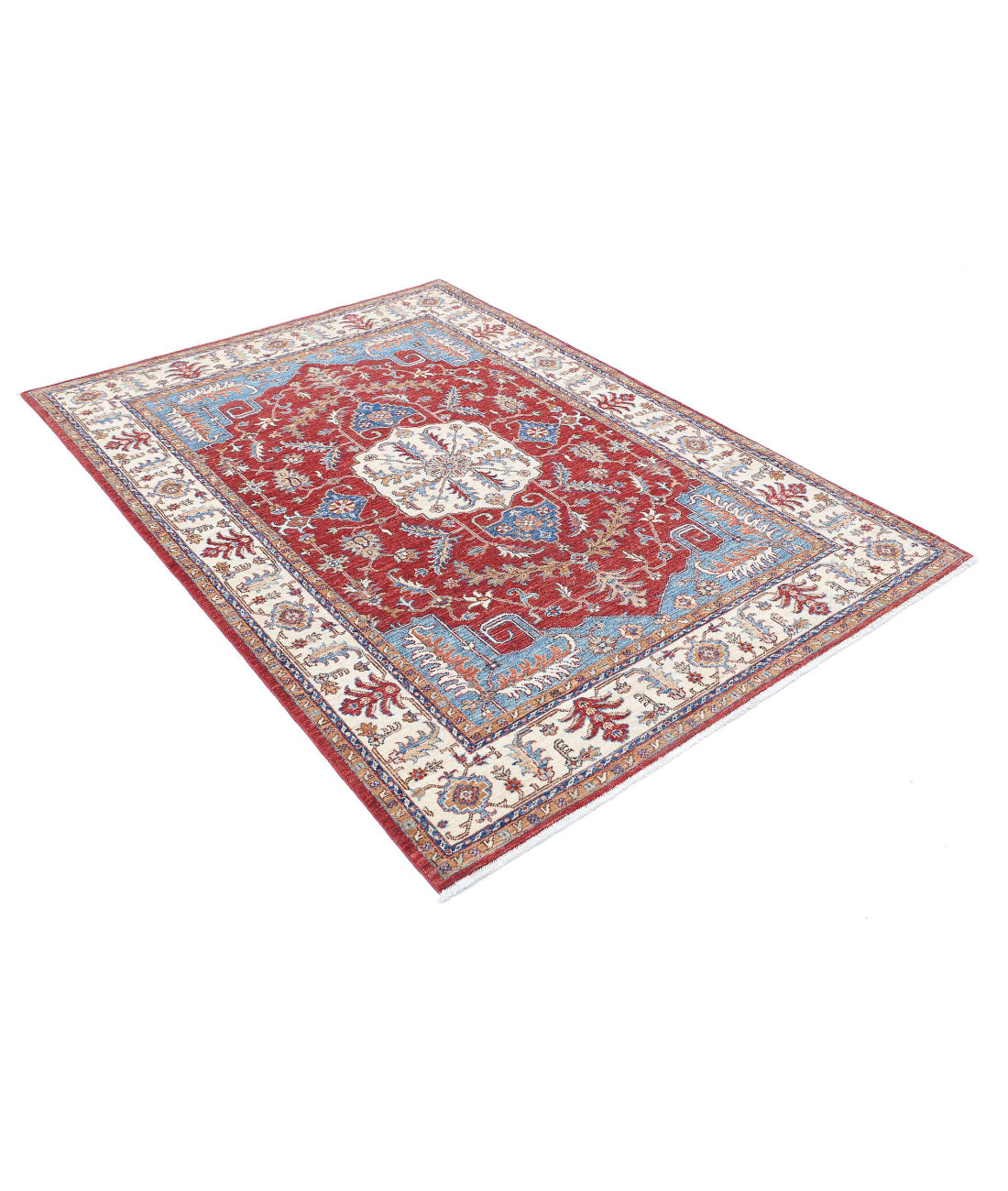 Hand Knotted Heriz Wool Rug - 4'9'' x 6'5'' 4'9'' x 6'5'' (143 X 193) / Red / Ivory