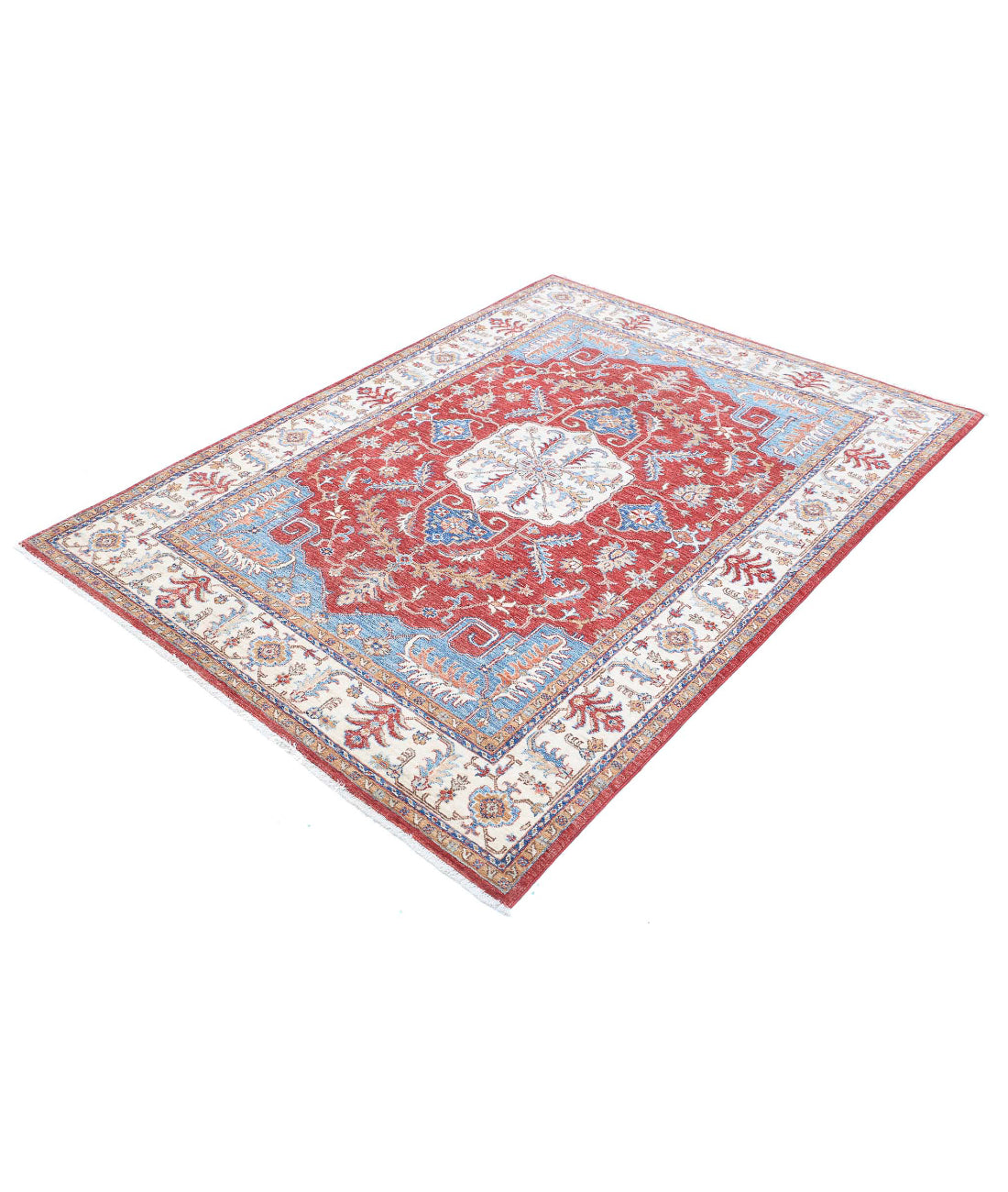 Hand Knotted Heriz Wool Rug - 4'9'' x 6'5'' 4'9'' x 6'5'' (143 X 193) / Red / Ivory