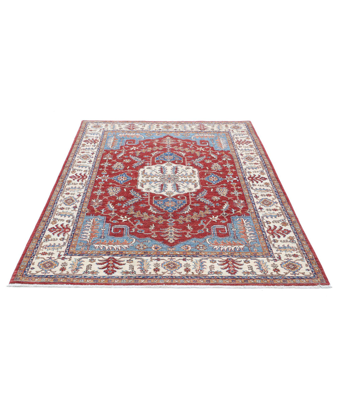 Hand Knotted Heriz Wool Rug - 4'9'' x 6'5'' 4'9'' x 6'5'' (143 X 193) / Red / Ivory