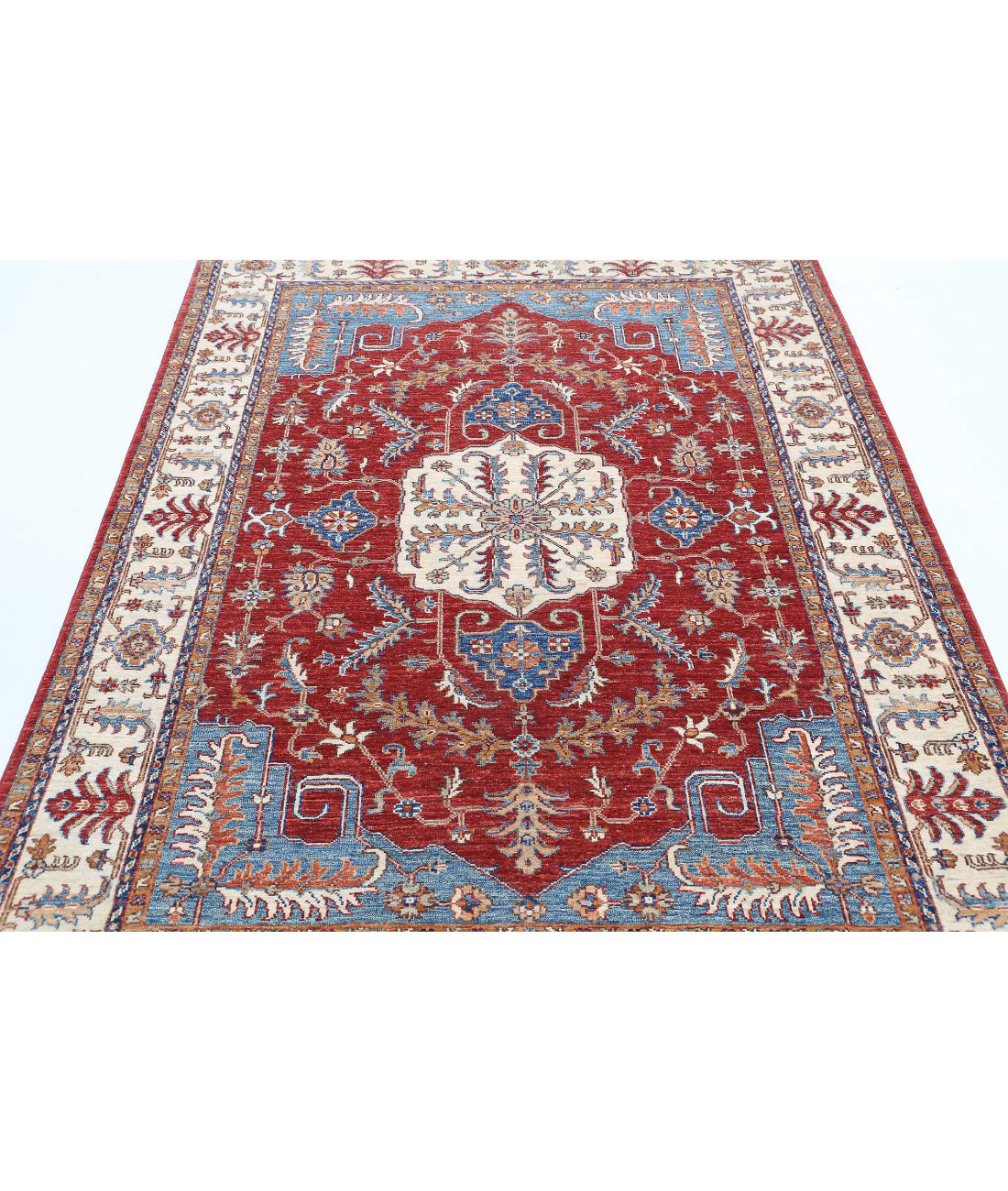Hand Knotted Heriz Wool Rug - 4'9'' x 6'5'' 4'9'' x 6'5'' (143 X 193) / Red / Ivory