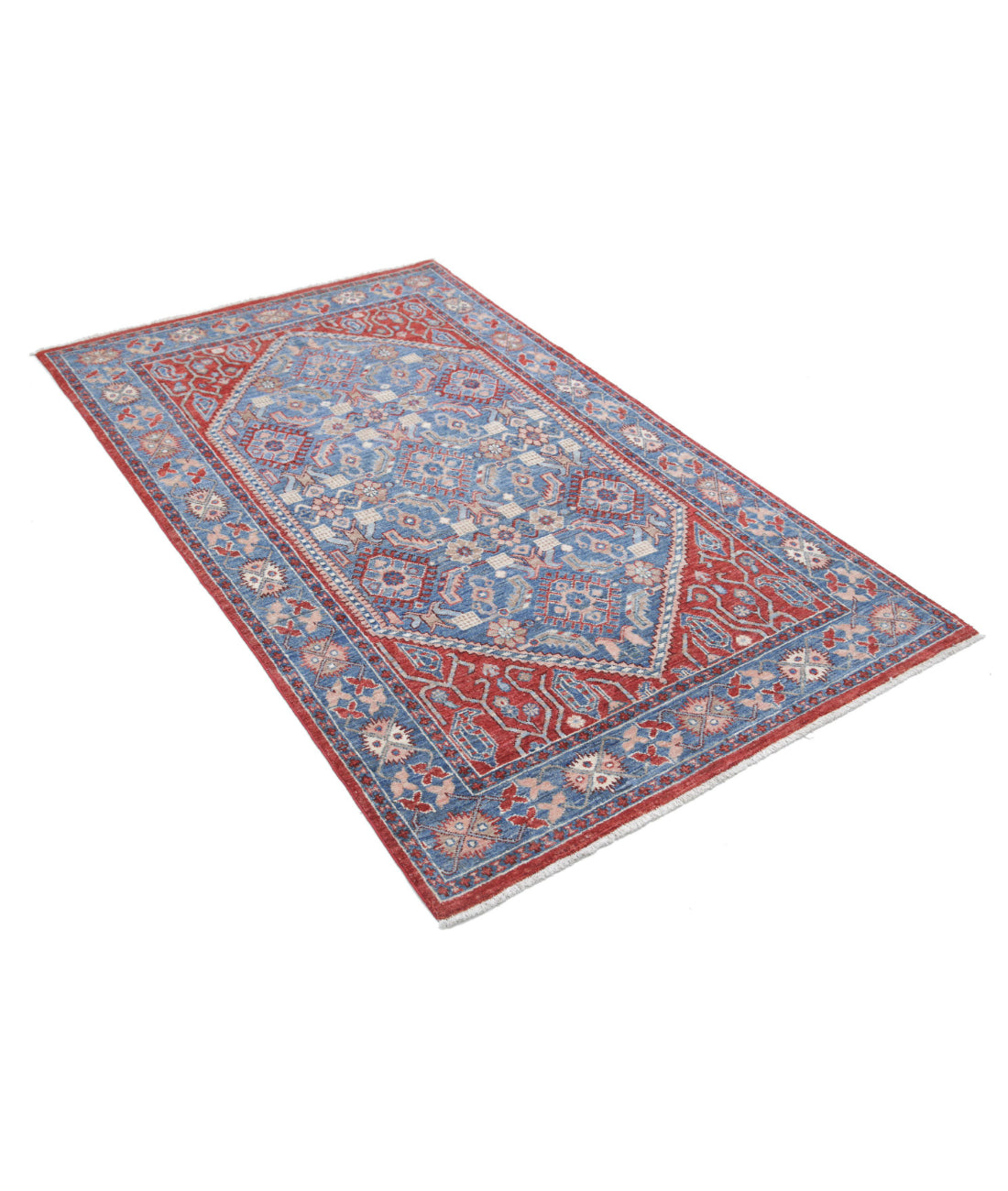 Hand Knotted Heriz Wool Rug - 3'8'' x 6'2'' 3'8'' x 6'2'' (110 X 185) / Red / Blue