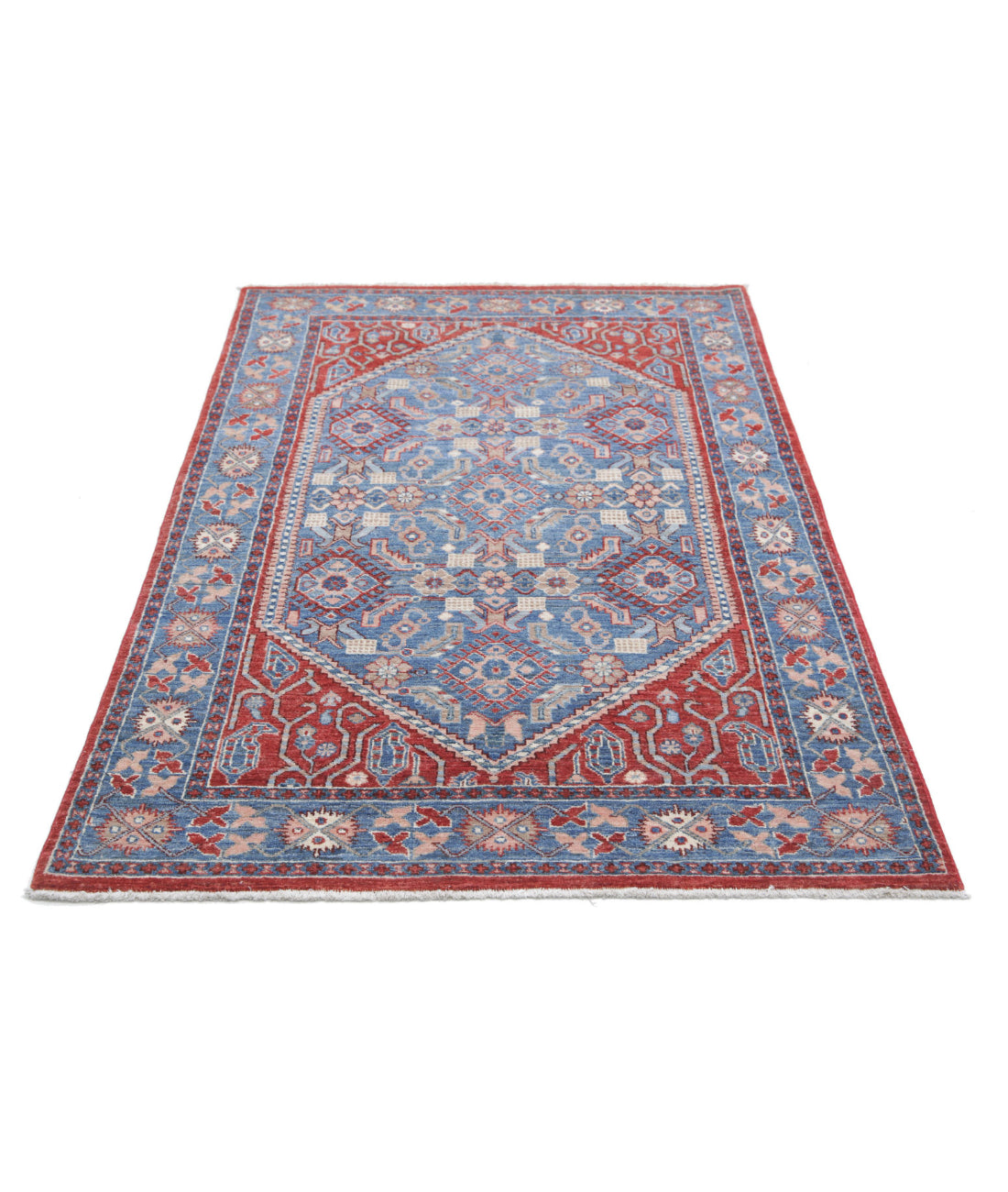 Hand Knotted Heriz Wool Rug - 3'8'' x 6'2'' 3'8'' x 6'2'' (110 X 185) / Red / Blue