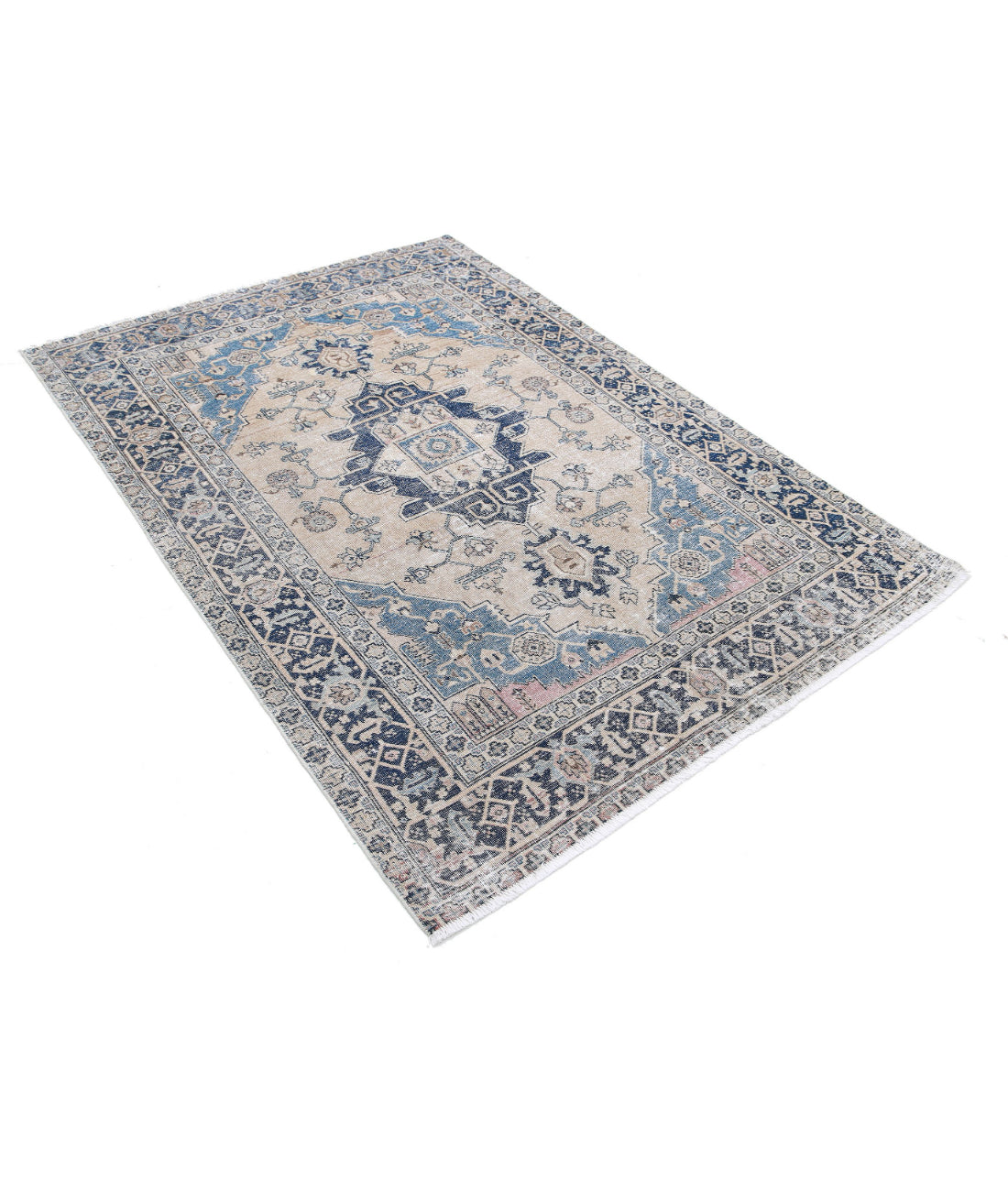 Hand Knotted Vintage Distressed Persian Heriz Wool Rug - 4'5'' x 6'3'' 4'5'' x 6'3'' (133 X 188) / Beige / Blue