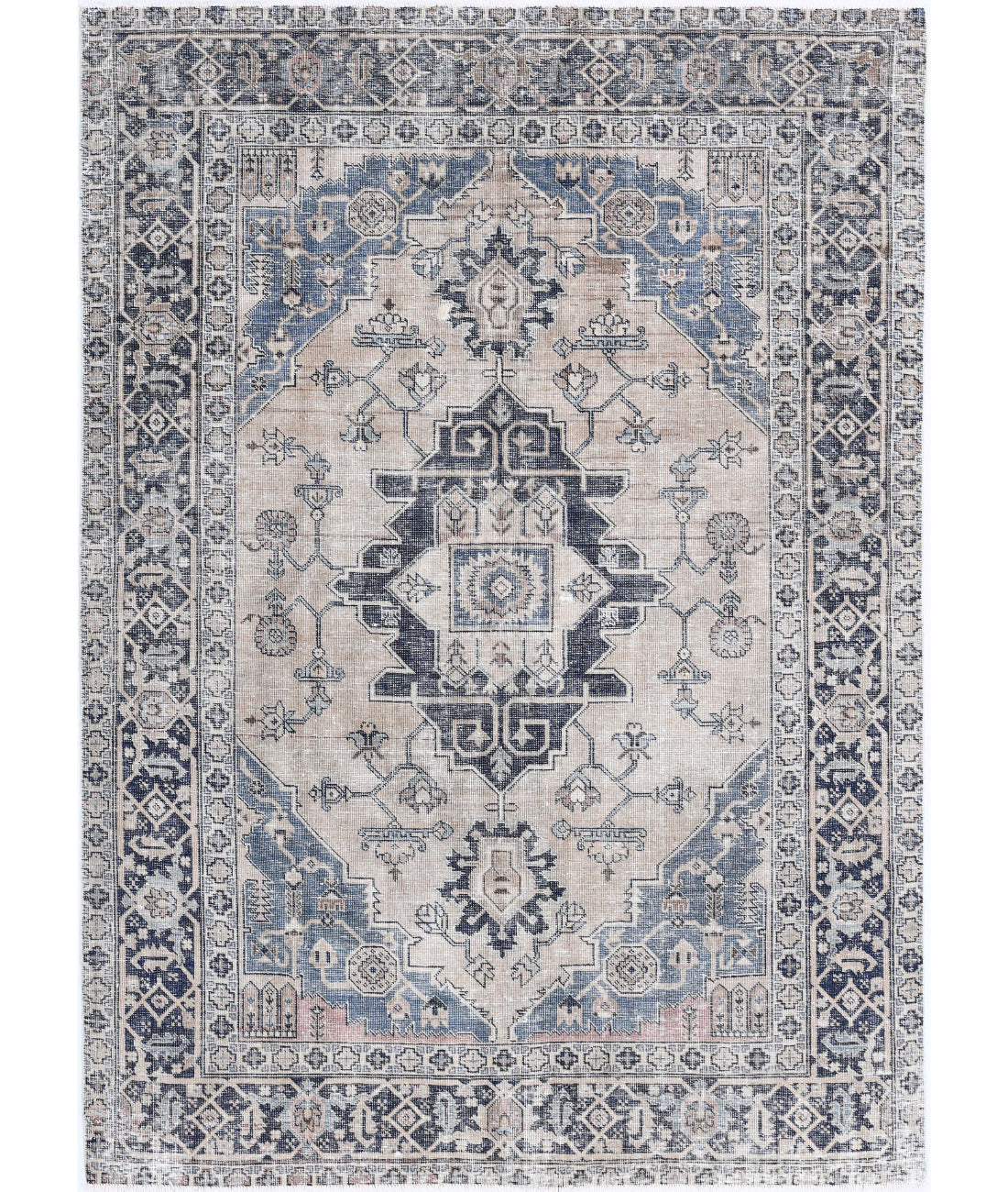 Hand Knotted Vintage Distressed Persian Heriz Wool Rug - 4&#39;5&#39;&#39; x 6&#39;3&#39;&#39; 4&#39;5&#39;&#39; x 6&#39;3&#39;&#39; (133 X 188) / Beige / Blue