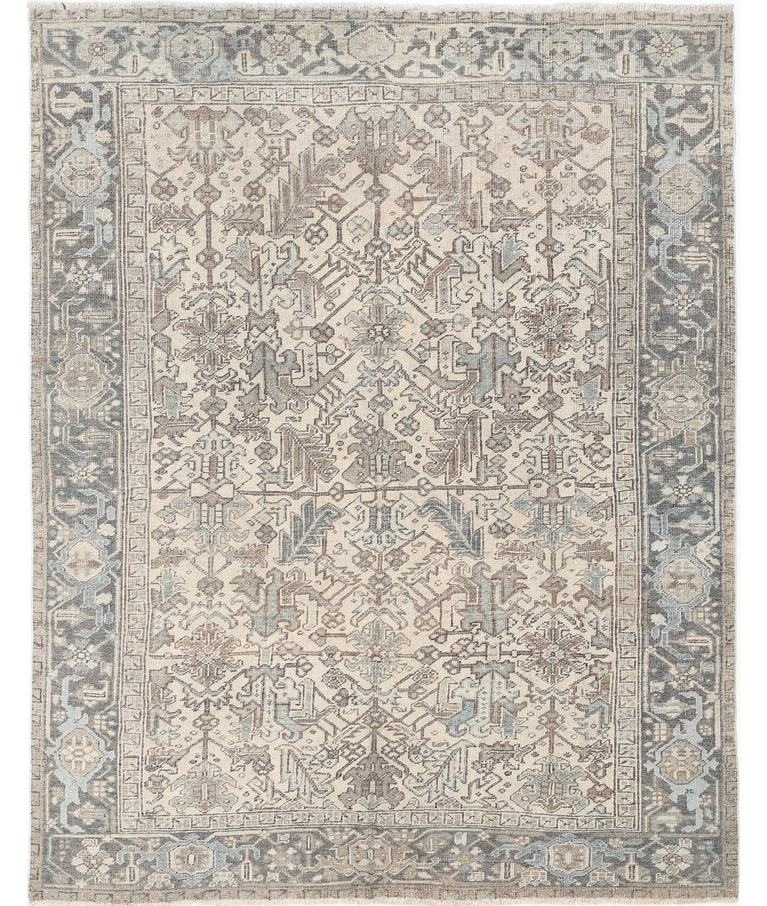 Hand Knotted Antique Persian Heriz Wool Rug - 6&#39;10&#39;&#39; x 8&#39;4&#39;&#39; 6&#39;10&#39;&#39; x 8&#39;4&#39;&#39; (205 X 250) / Ivory / Grey