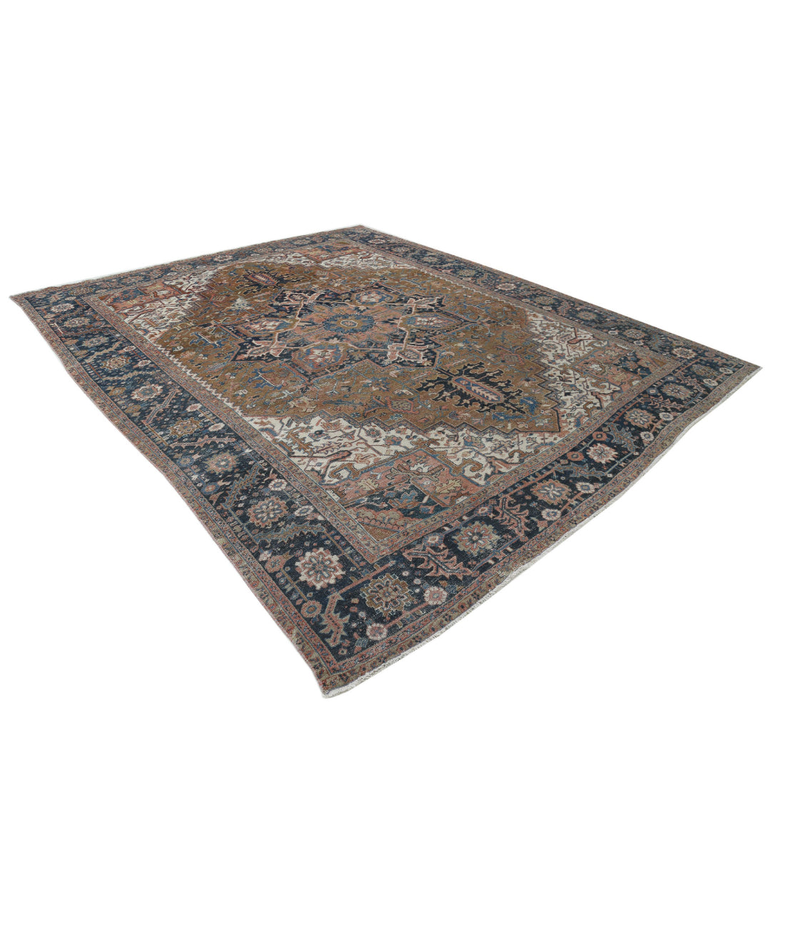 Hand Knotted Antique Persian Heriz Wool Rug - 10'6'' x 12'6'' 10'6'' x 12'6'' (315 X 375) / Tan / Blue