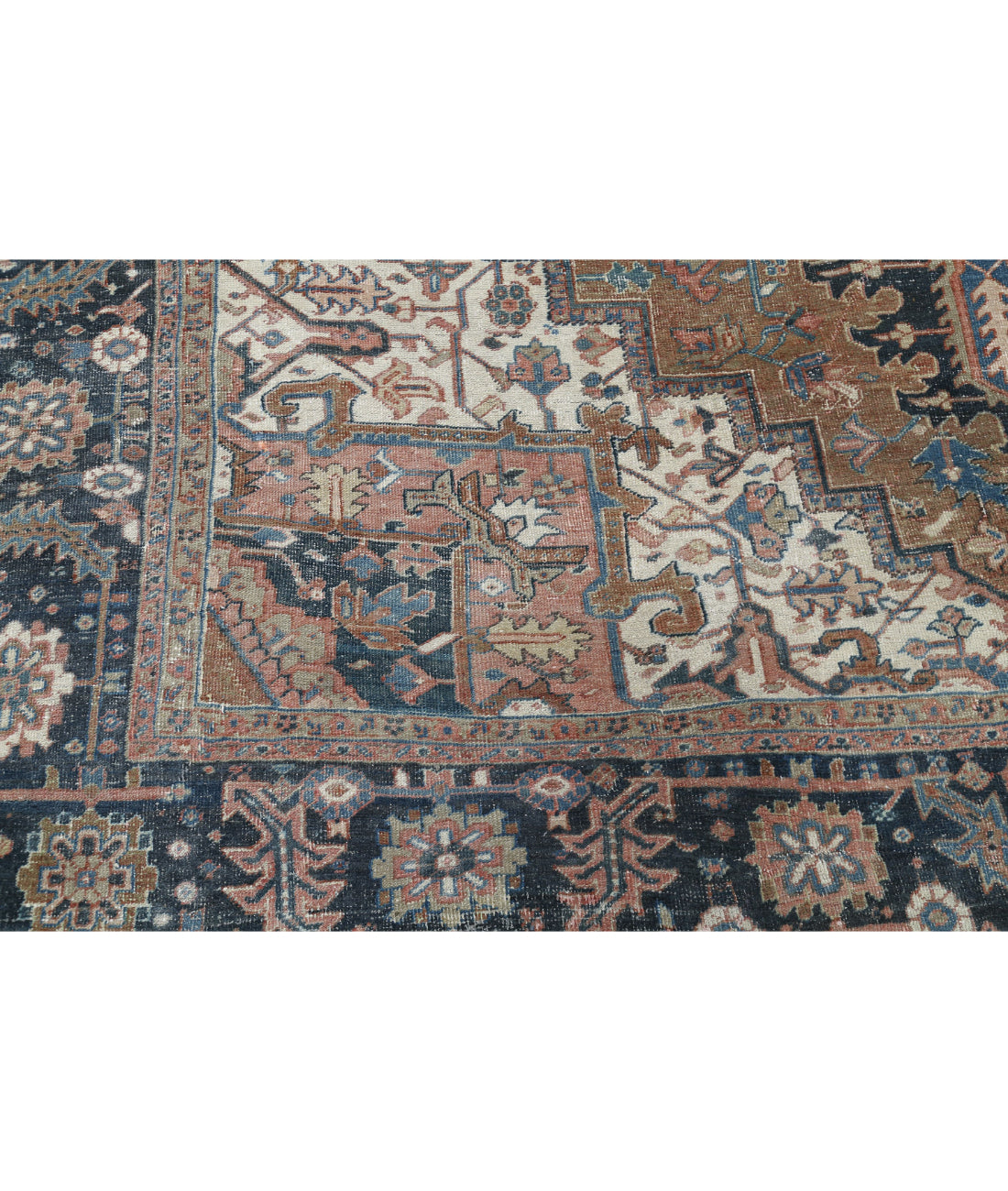 Hand Knotted Antique Persian Heriz Wool Rug - 10'6'' x 12'6'' 10'6'' x 12'6'' (315 X 375) / Tan / Blue