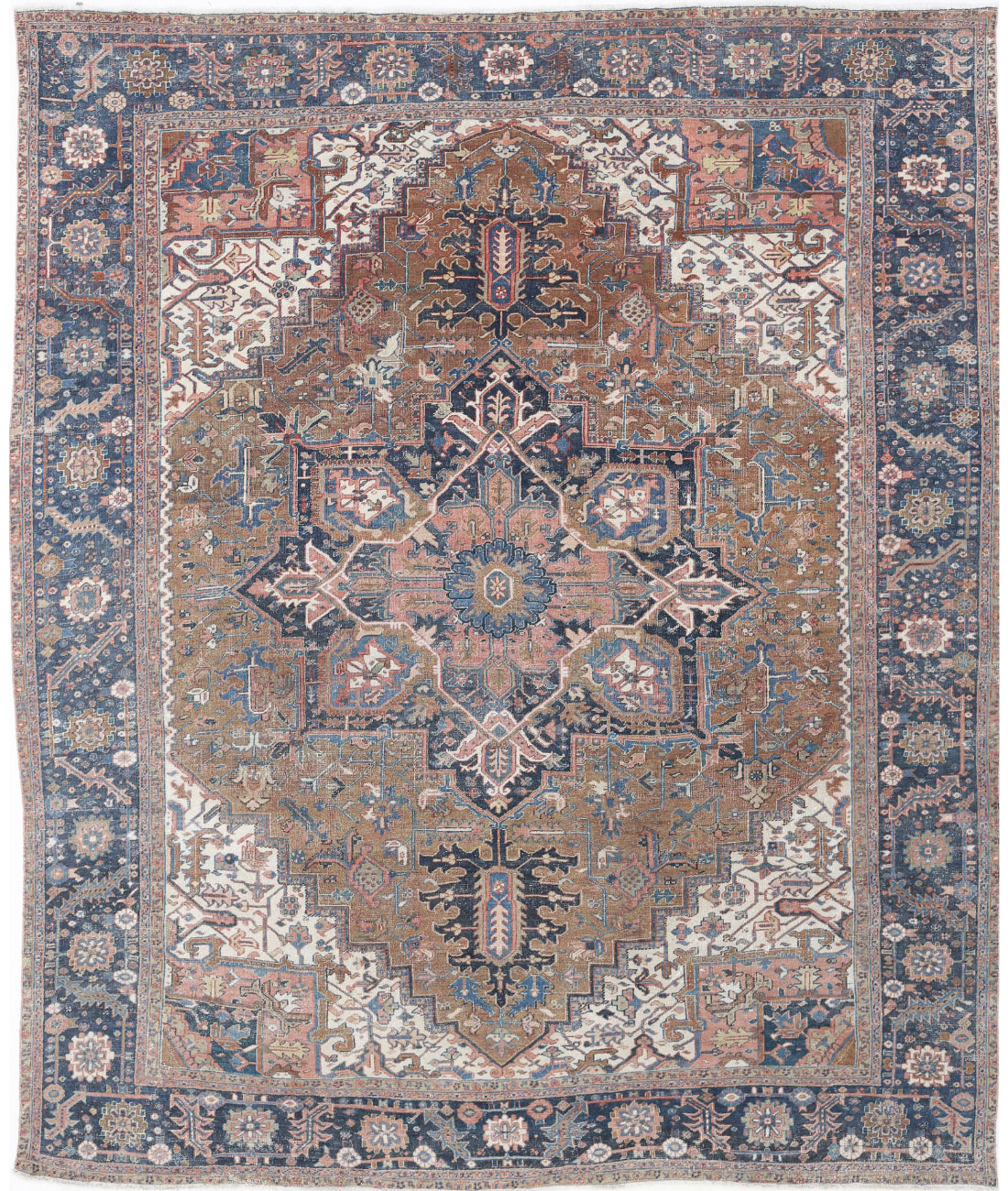 Hand Knotted Antique Persian Heriz Wool Rug - 10&#39;6&#39;&#39; x 12&#39;6&#39;&#39; 10&#39;6&#39;&#39; x 12&#39;6&#39;&#39; (315 X 375) / Tan / Blue