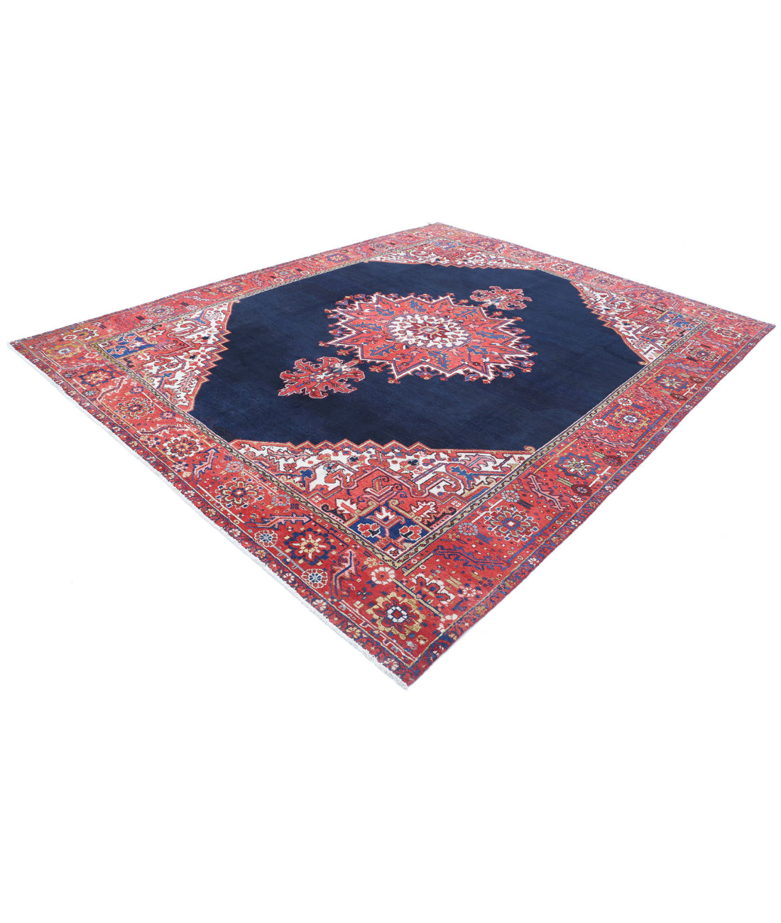 Hand Knotted Antique Persian Heriz Wool Rug - 8'10'' x 10'11'' 8'10'' x 10'11'' (265 X 328) / Blue / Red