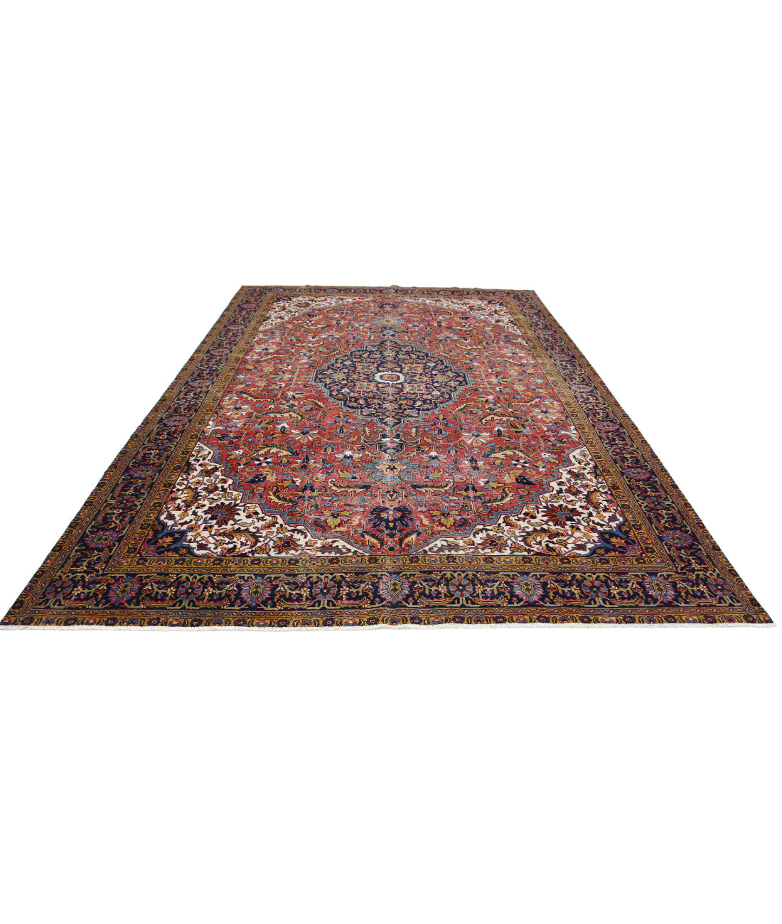 Hand Knotted Vintage Persian Heriz Wool Rug - 8'2'' x 11'8'' 8'2'' x 11'8'' (245 X 350) / Rust / Blue