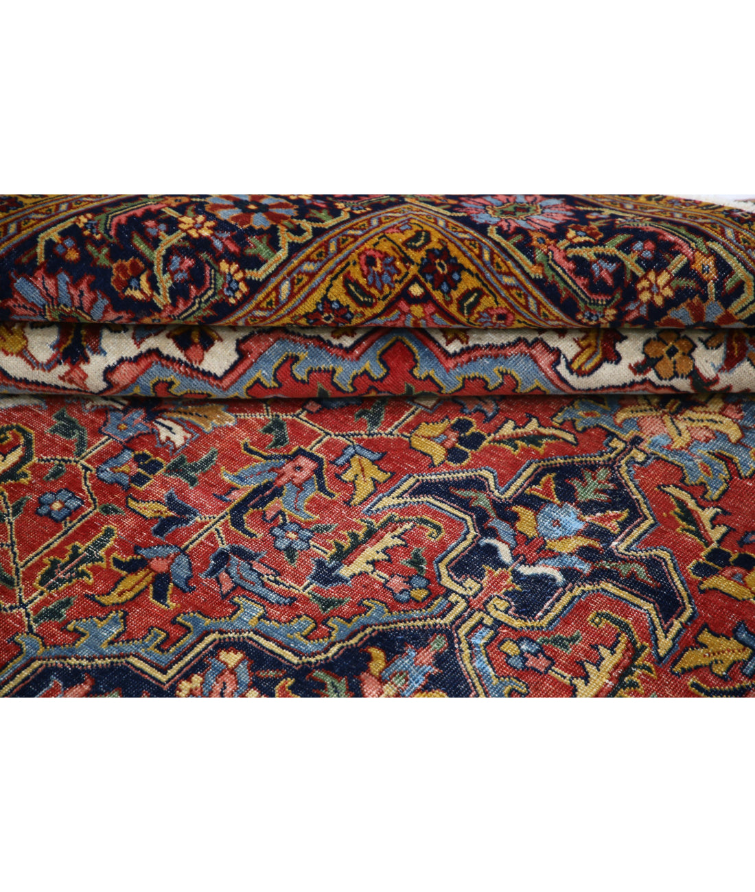 Hand Knotted Vintage Persian Heriz Wool Rug - 8'2'' x 11'8'' 8'2'' x 11'8'' (245 X 350) / Rust / Blue