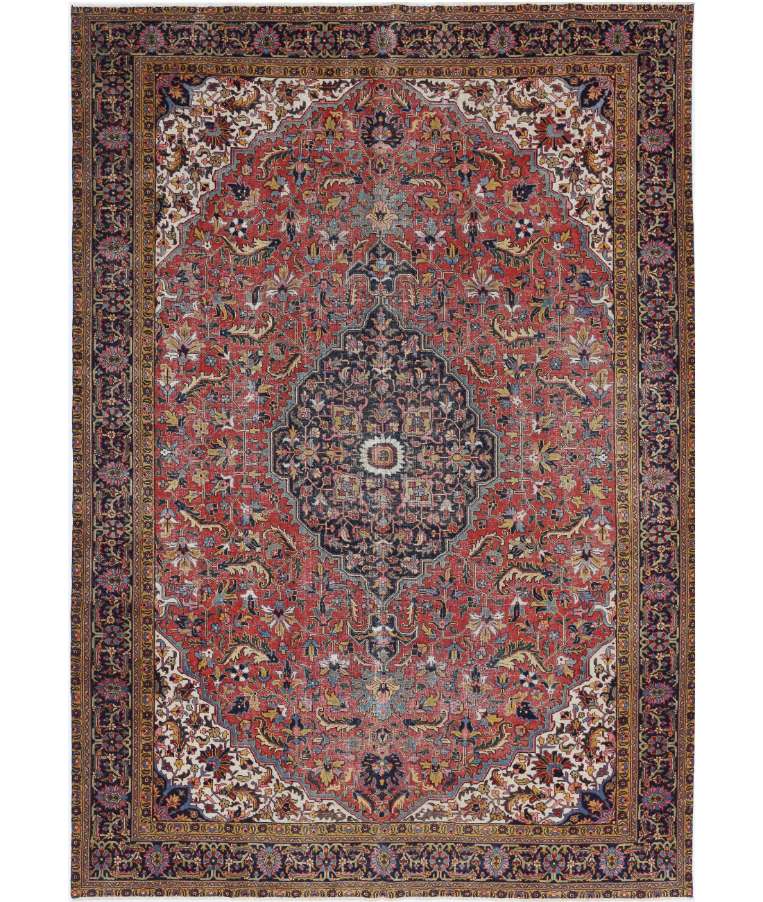 Hand Knotted Vintage Persian Heriz Wool Rug - 8&#39;2&#39;&#39; x 11&#39;8&#39;&#39; 8&#39;2&#39;&#39; x 11&#39;8&#39;&#39; (245 X 350) / Rust / Blue